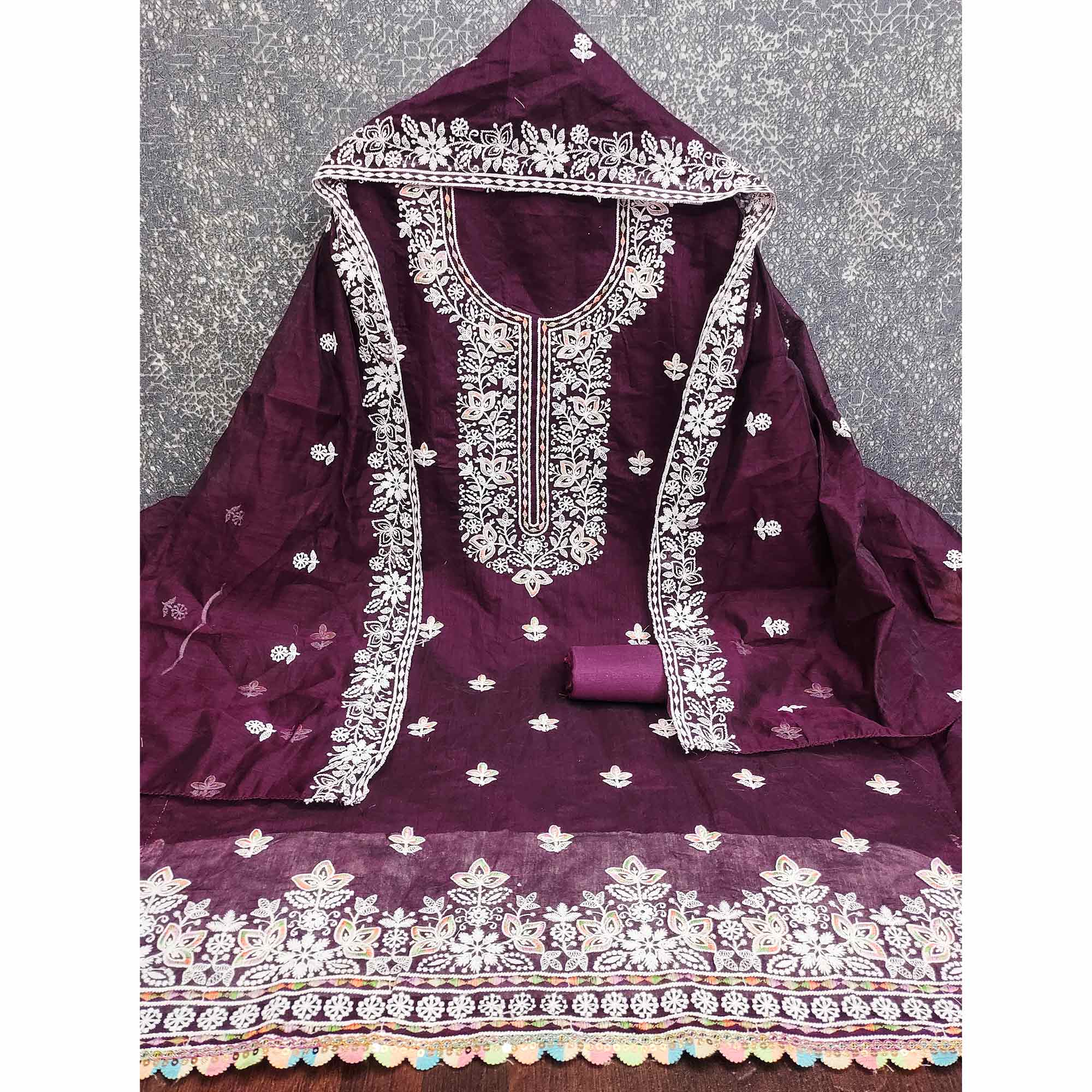 Graceful Wine Floral Thread Embroidery Chanderi Silk Designer Dress Material