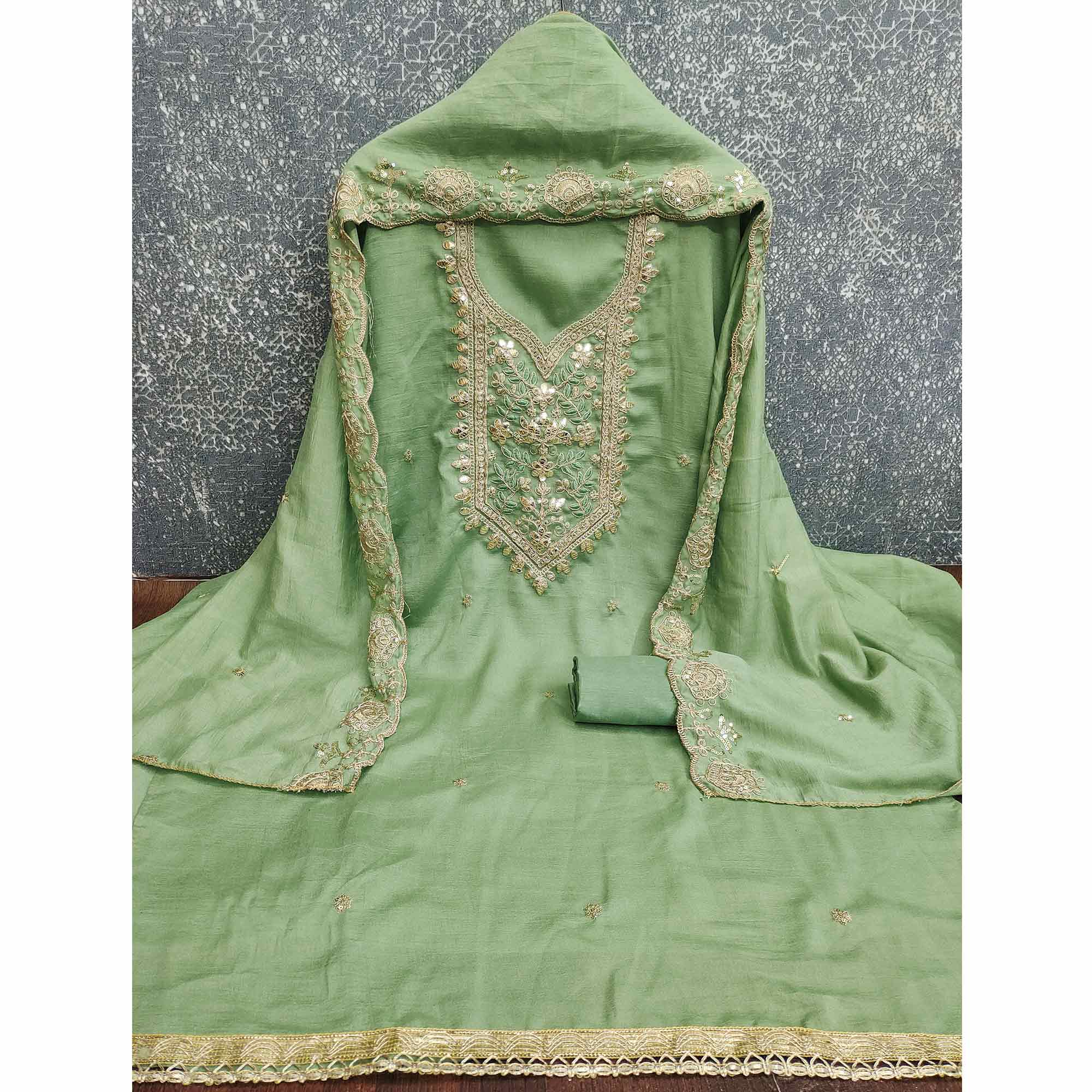 Timeless Green Floral Embroidered Vichitra Silk Dress Material Highlighted With Gota Patti Work