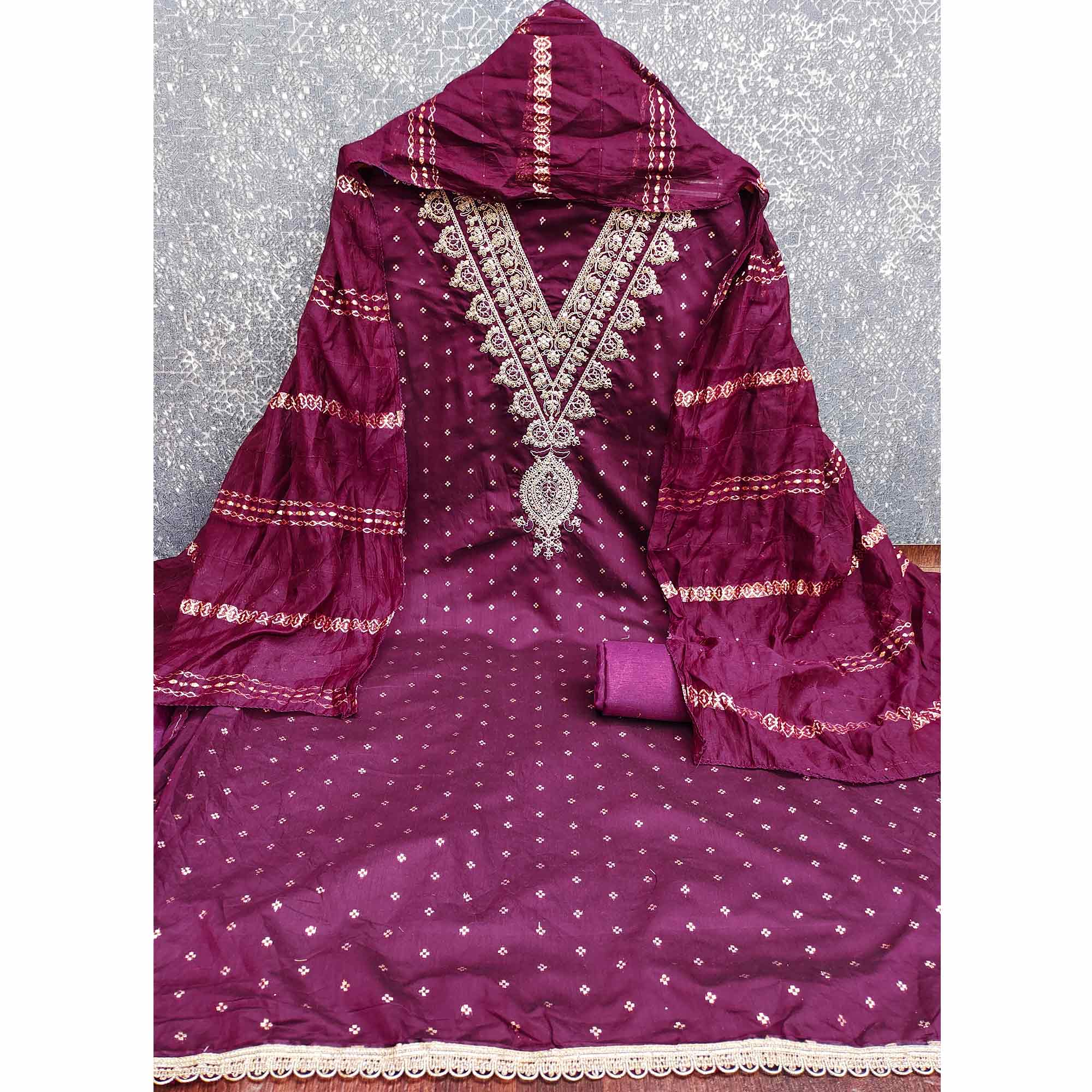 Graceful Wine Butti Motif Chanderi Silk Dress Material Featuring Floral Cording Embroidery Work