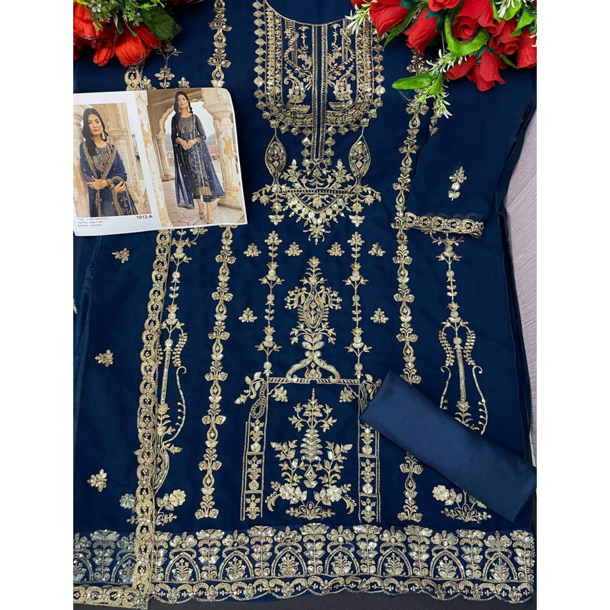 Blue Floral Sequins Embroidered Georgette Semi Stitched Suit