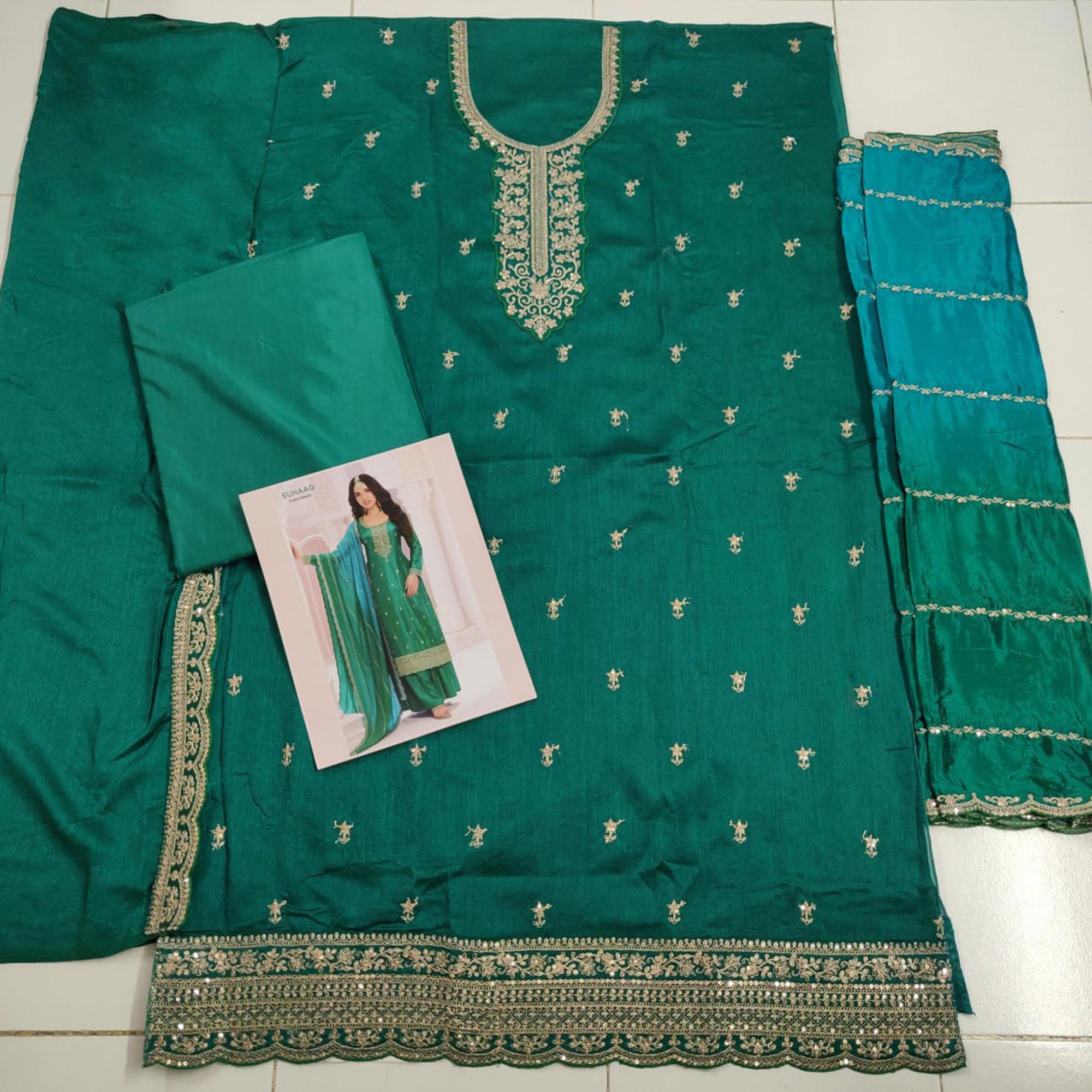 Green Sequins Embroidered Butti Vichitra Silk Semi Stitched Salwar Suit