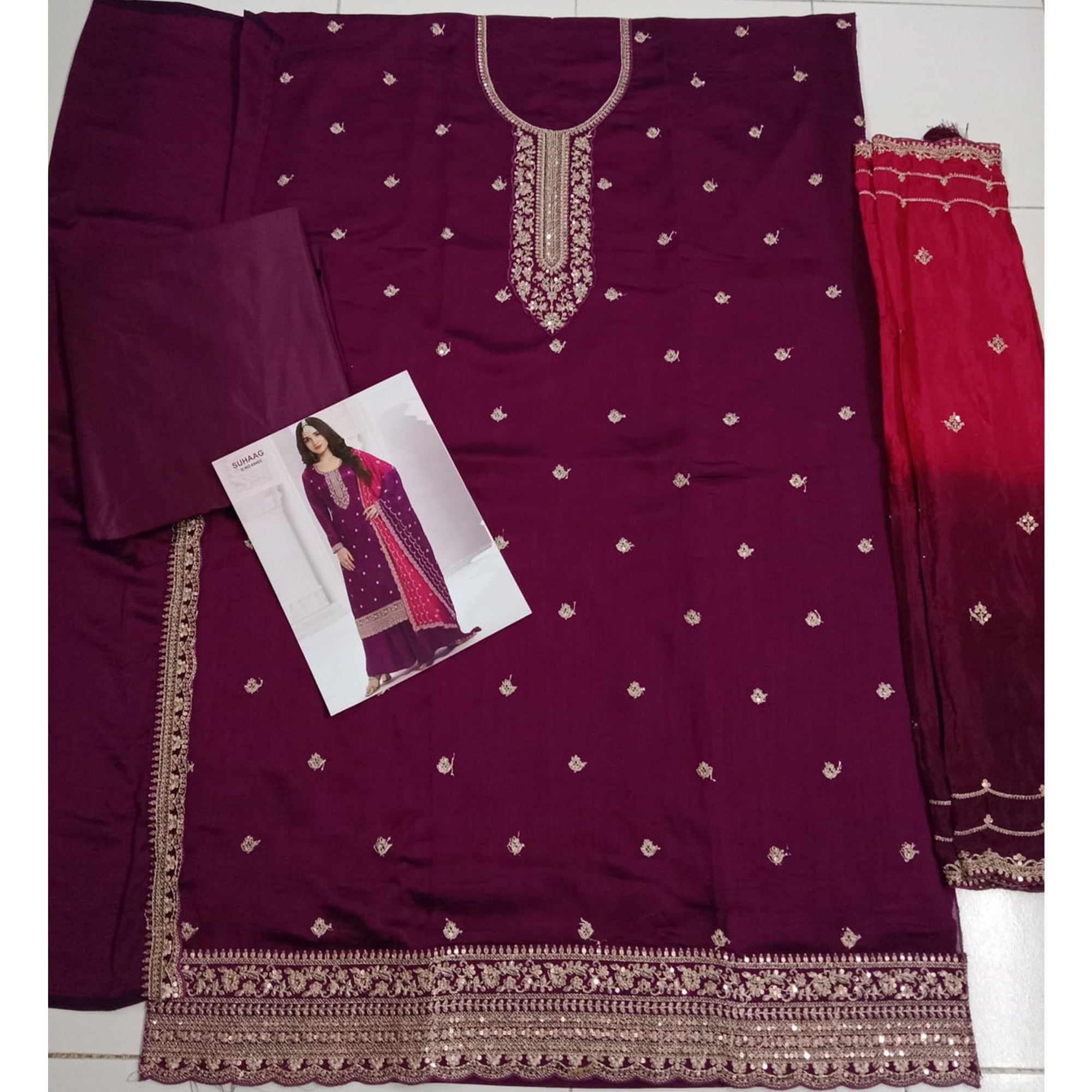 Wine Sequins Embroidered Butti Vichitra Silk Semi Stitched Salwar Suit