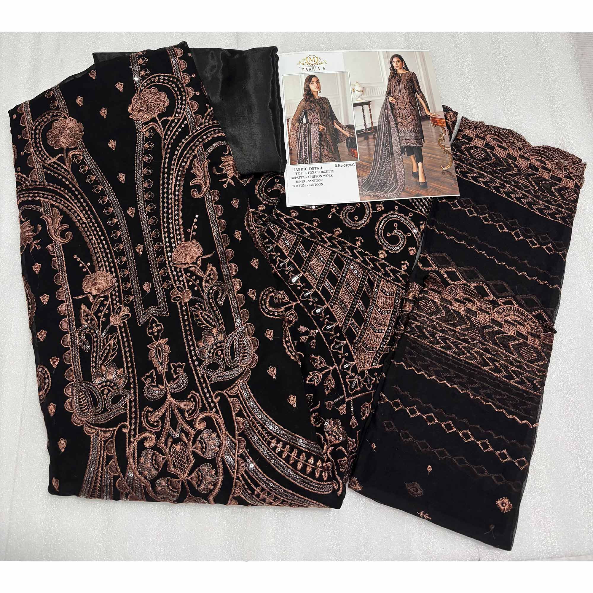 Black Georgette Semi Stitched Suit With Floral Brown Embroidery & Zarkan Work