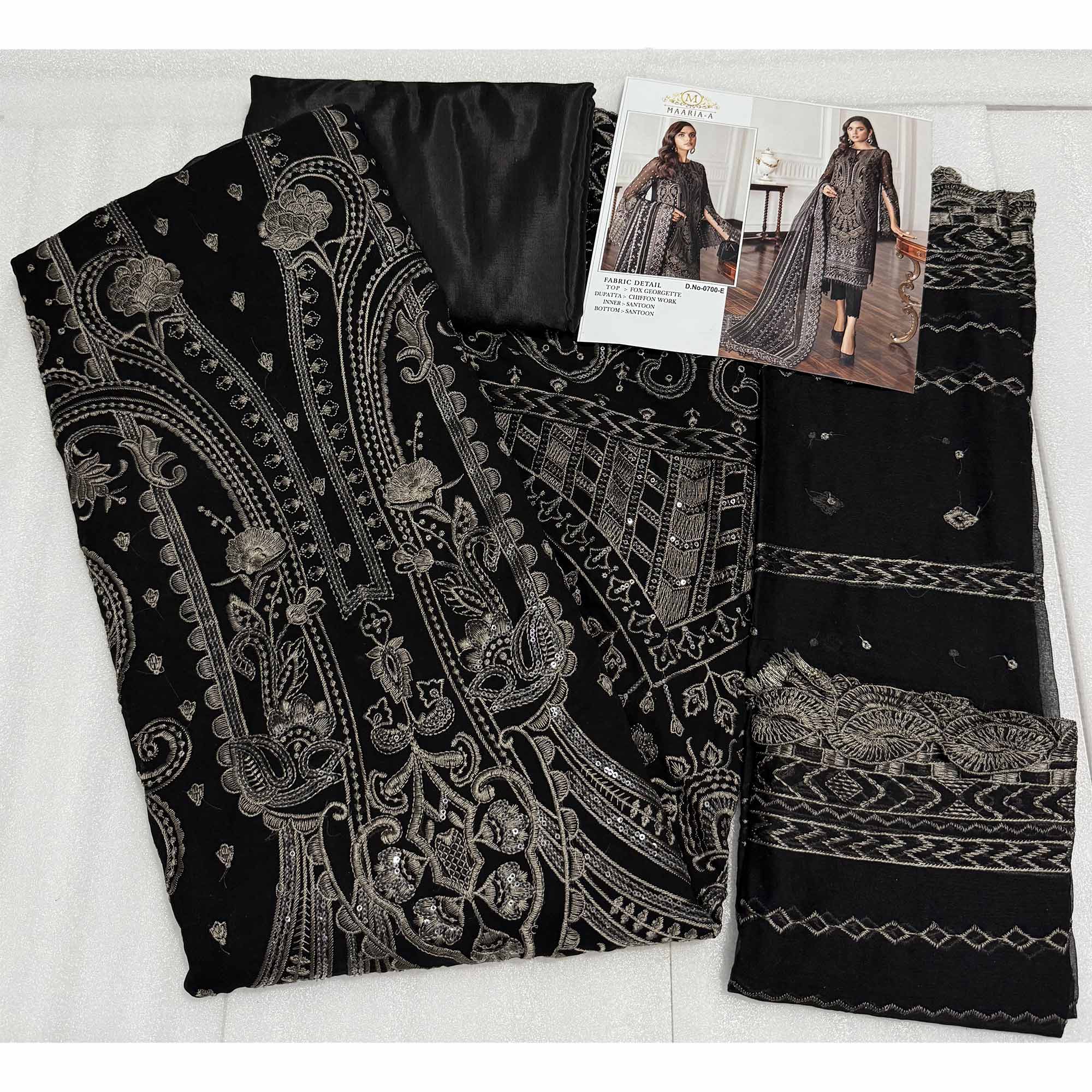 Black Georgette Semi Stitched Suit With Floral Coffee Embroidery & Zarkan Work