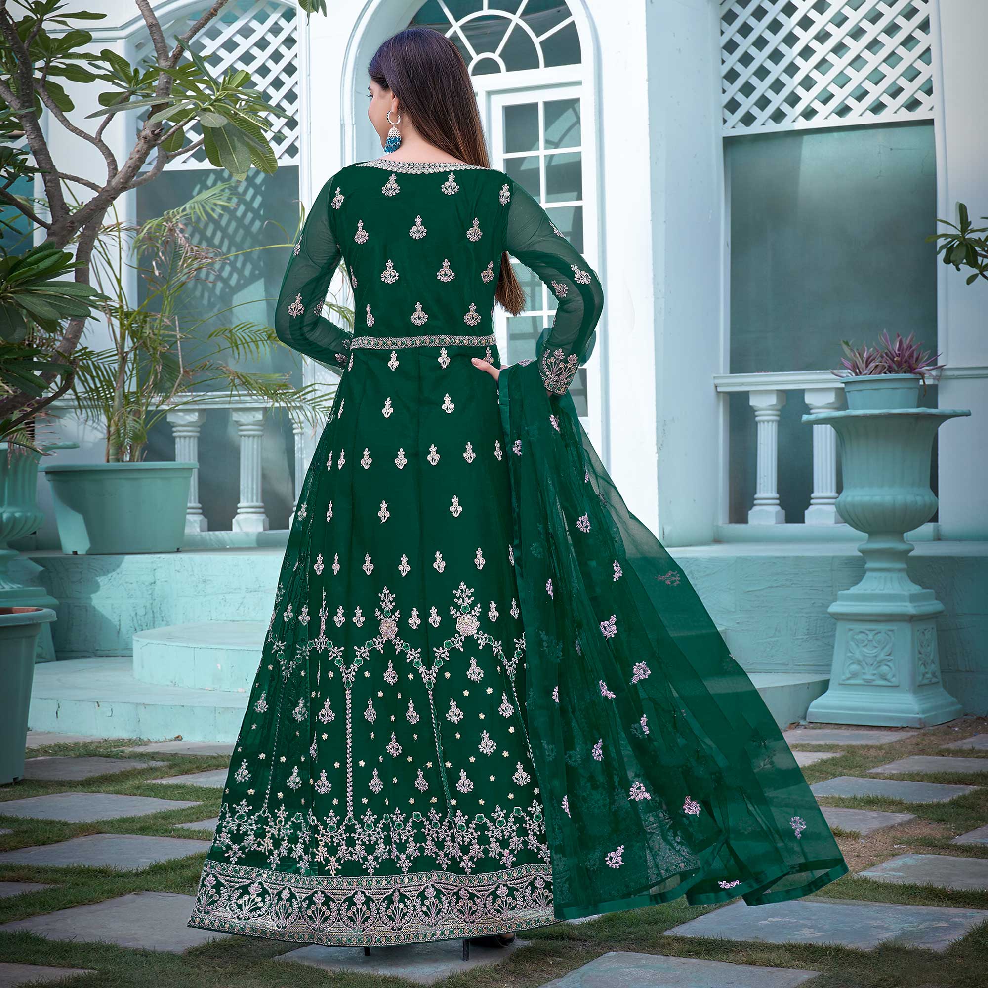 Green Floral Embroidered Net Semi Stitched Anarkali Suit