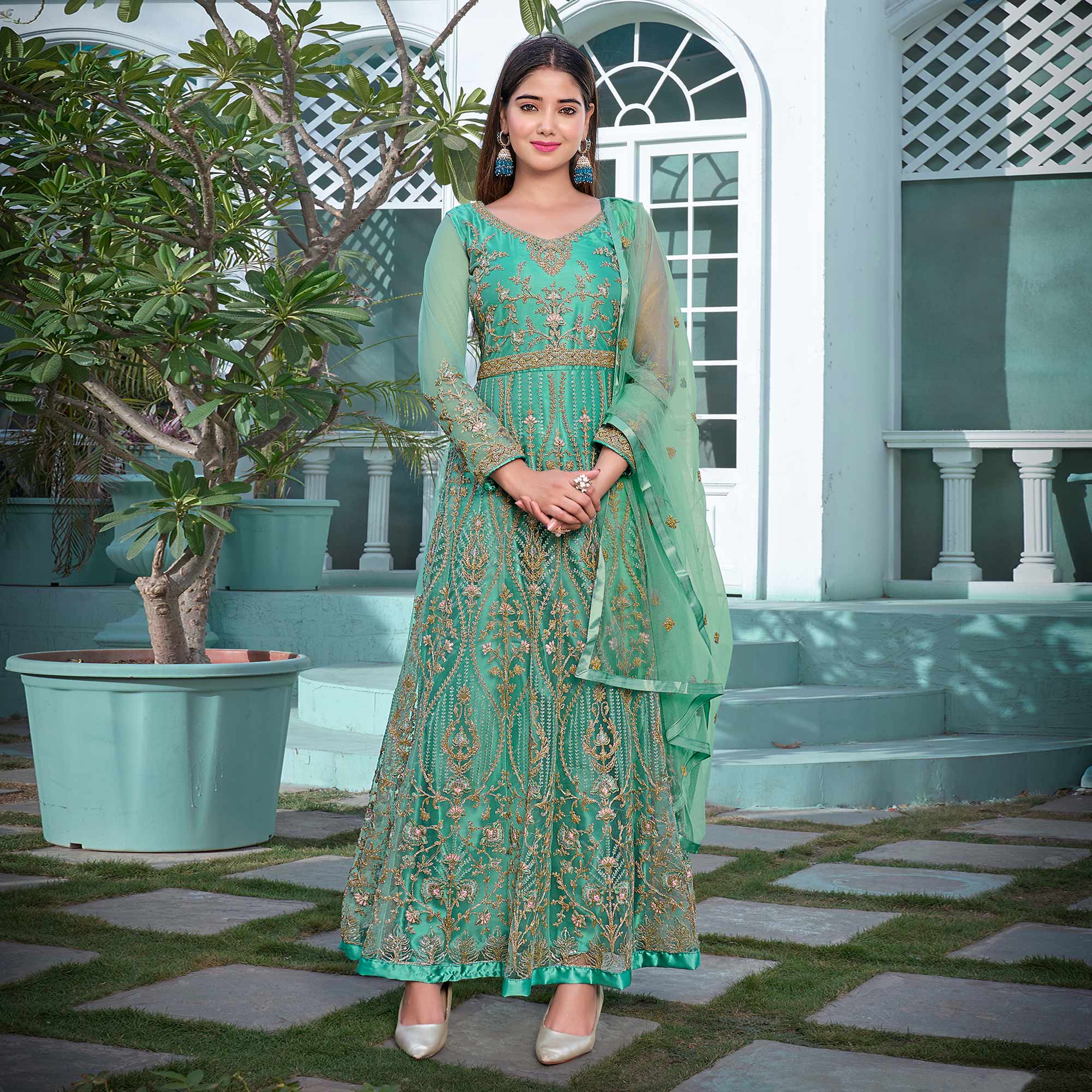 Turquoise Floral Sequins Embroidered Net Semi Stitched Anarkali Suit
