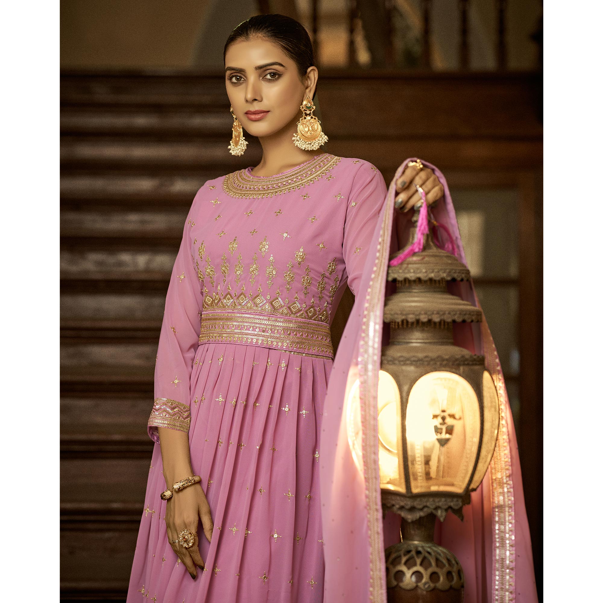 Pink Sequins Embroidered Georgette Semi Stitched Anarkali Suit