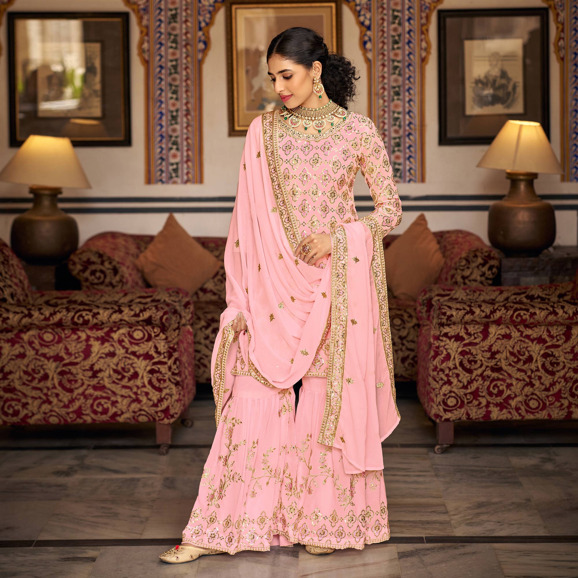 Pink Sequins Embroidered Georgette Semi Stitched Suit