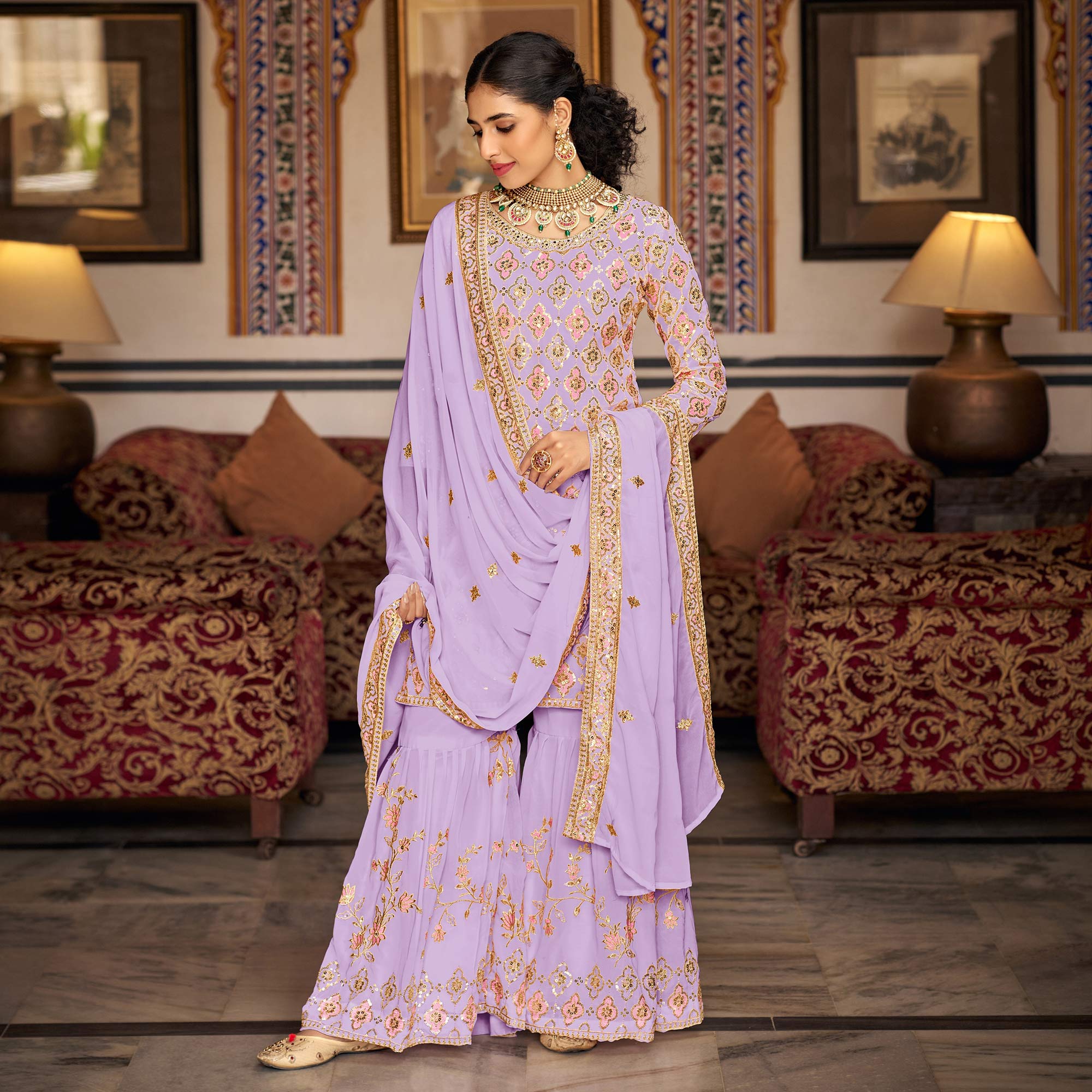 Light Purple Sequins Embroidered Georgette Semi Stitched Suit