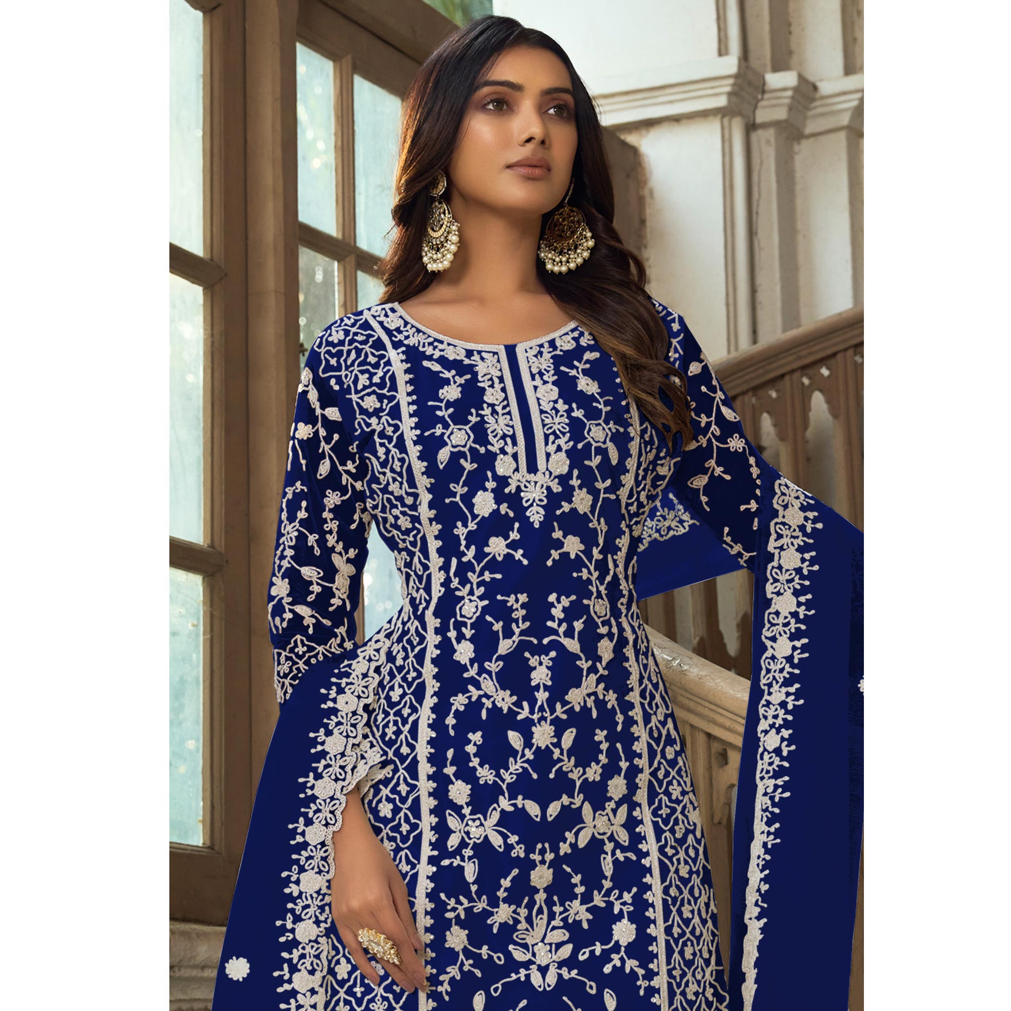 Royal Blue Floral Embroidered Net Semi Stitched Suit