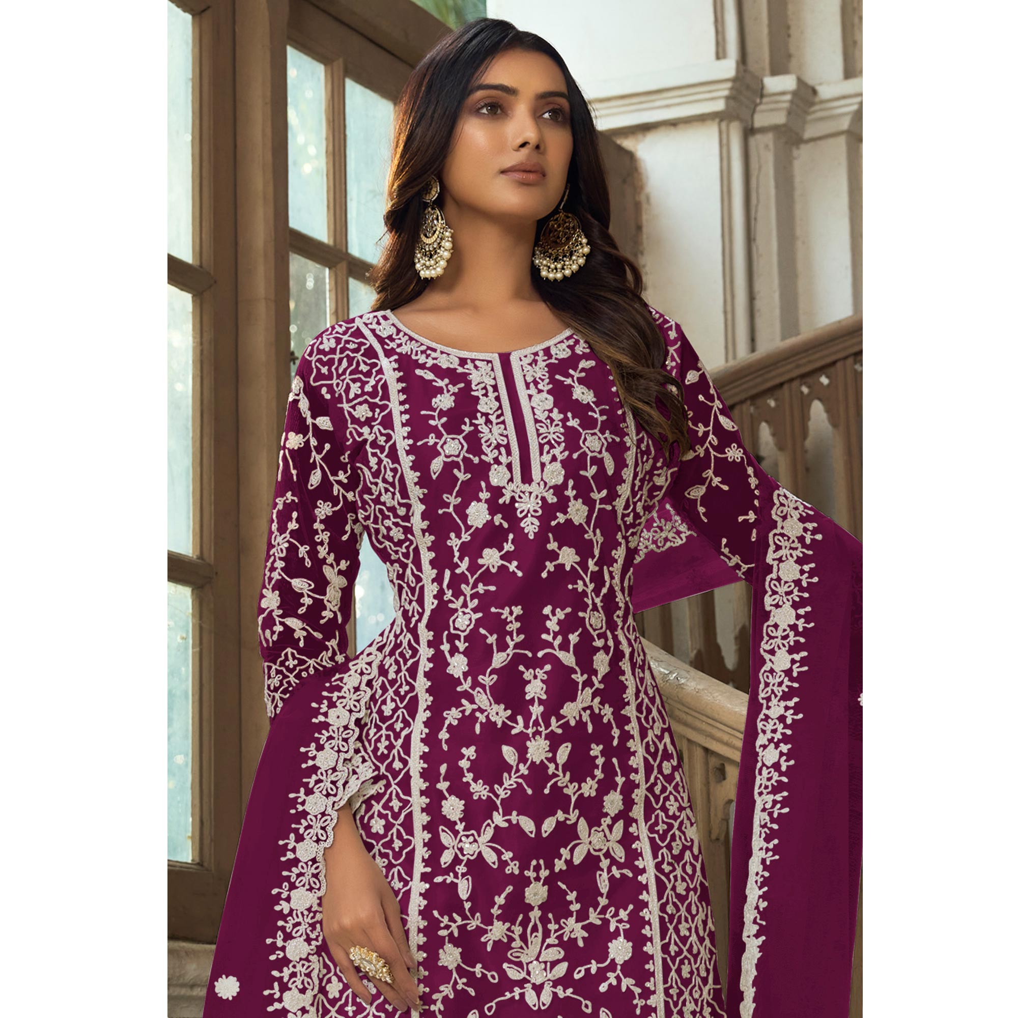 Purple Floral Embroidered Net Semi Stitched Suit