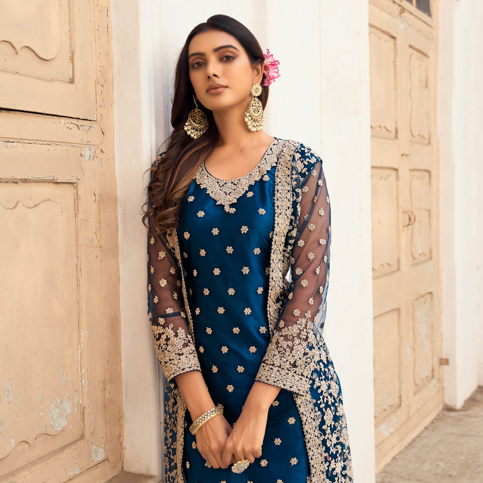 Blue Floral Embroidered Net Semi Stitched Pakistani Suit