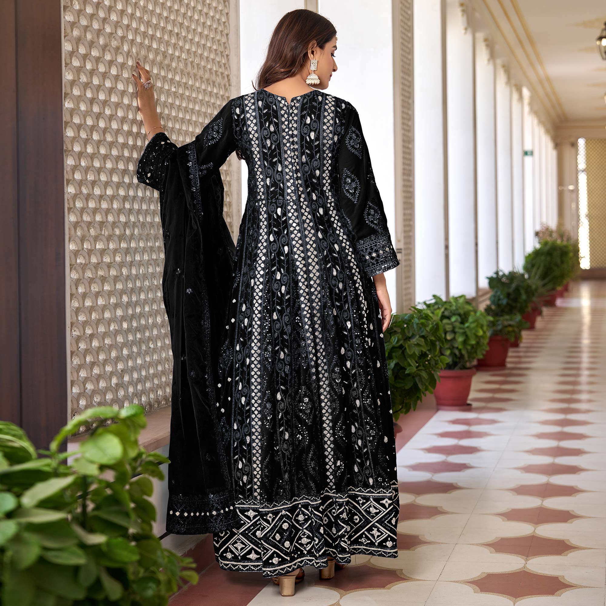 Black Floral Sequins Embroidered Georgette Semi Stiched Suit