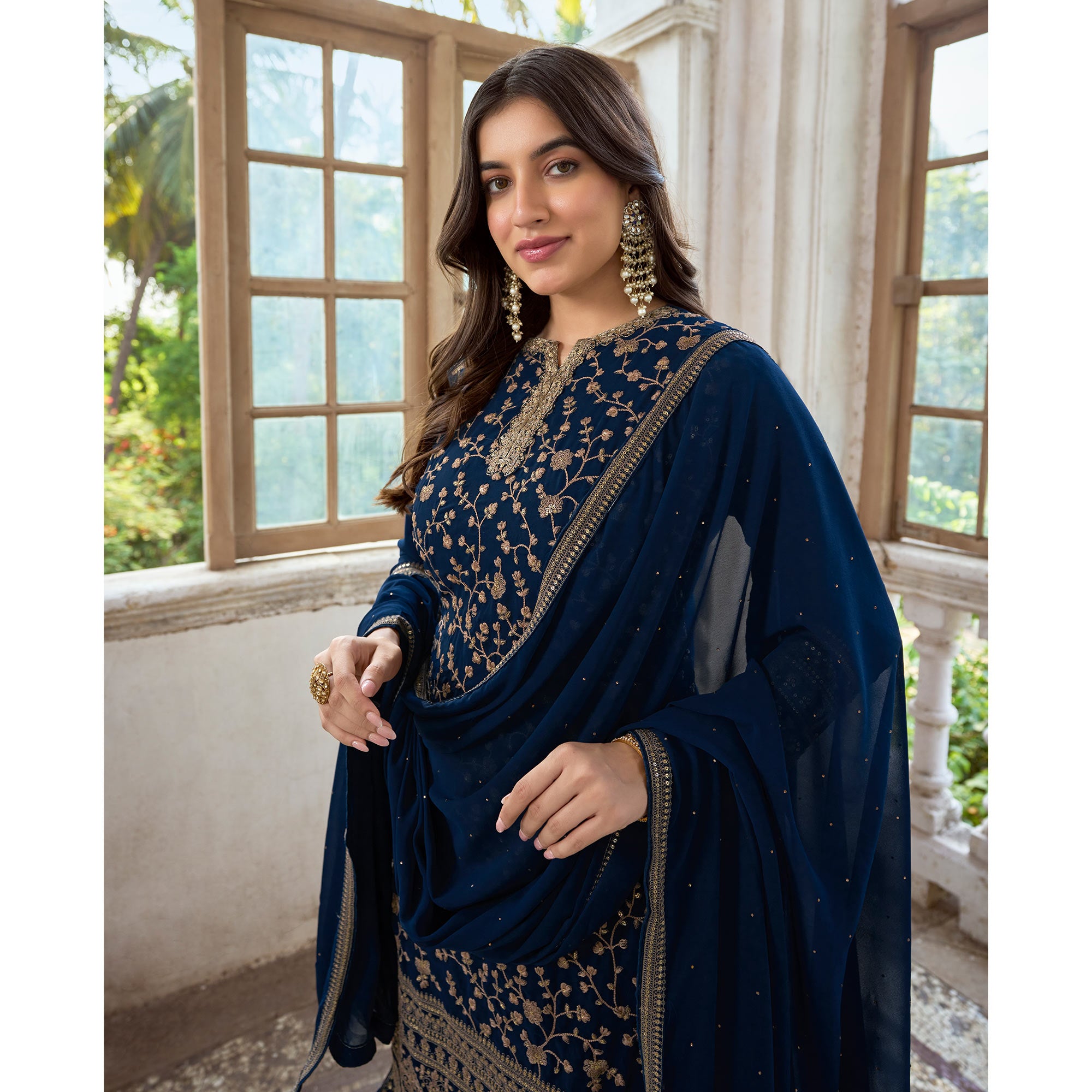 Blue Floral Embroidered Georgette Semi Stitched Suit