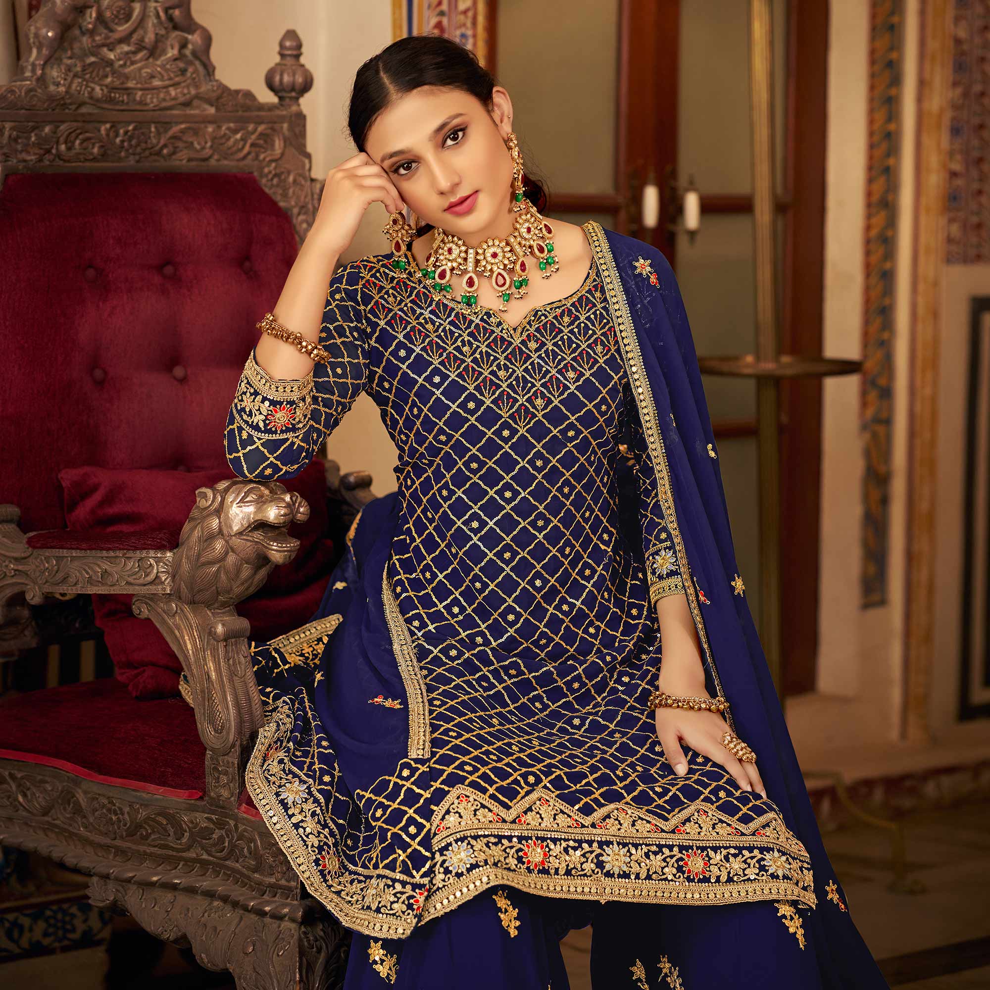 Blue Sequins Embroidered Chinon Semi Stitched Suit