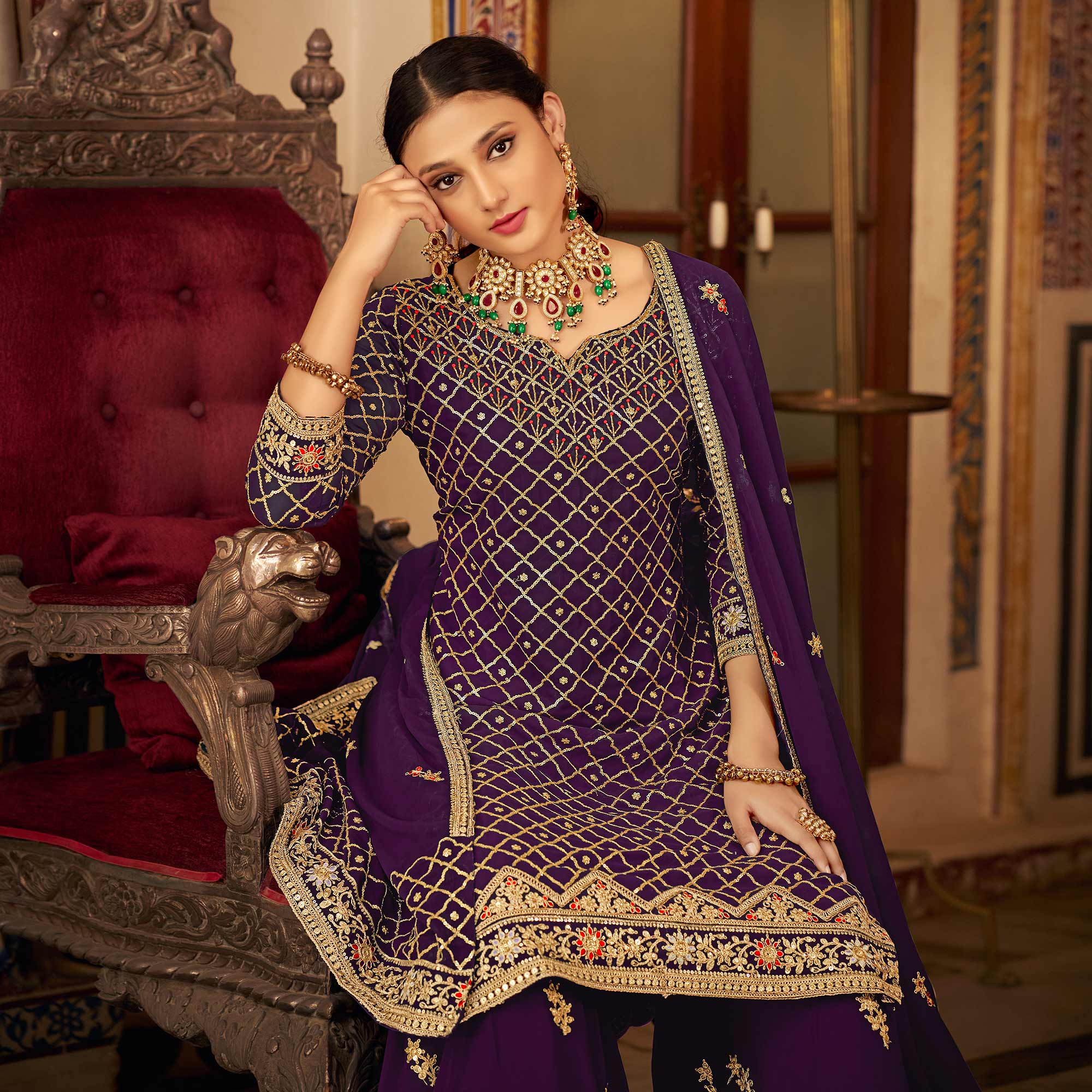 Purple Sequins Embroidered Chinon Semi Stitched Suit