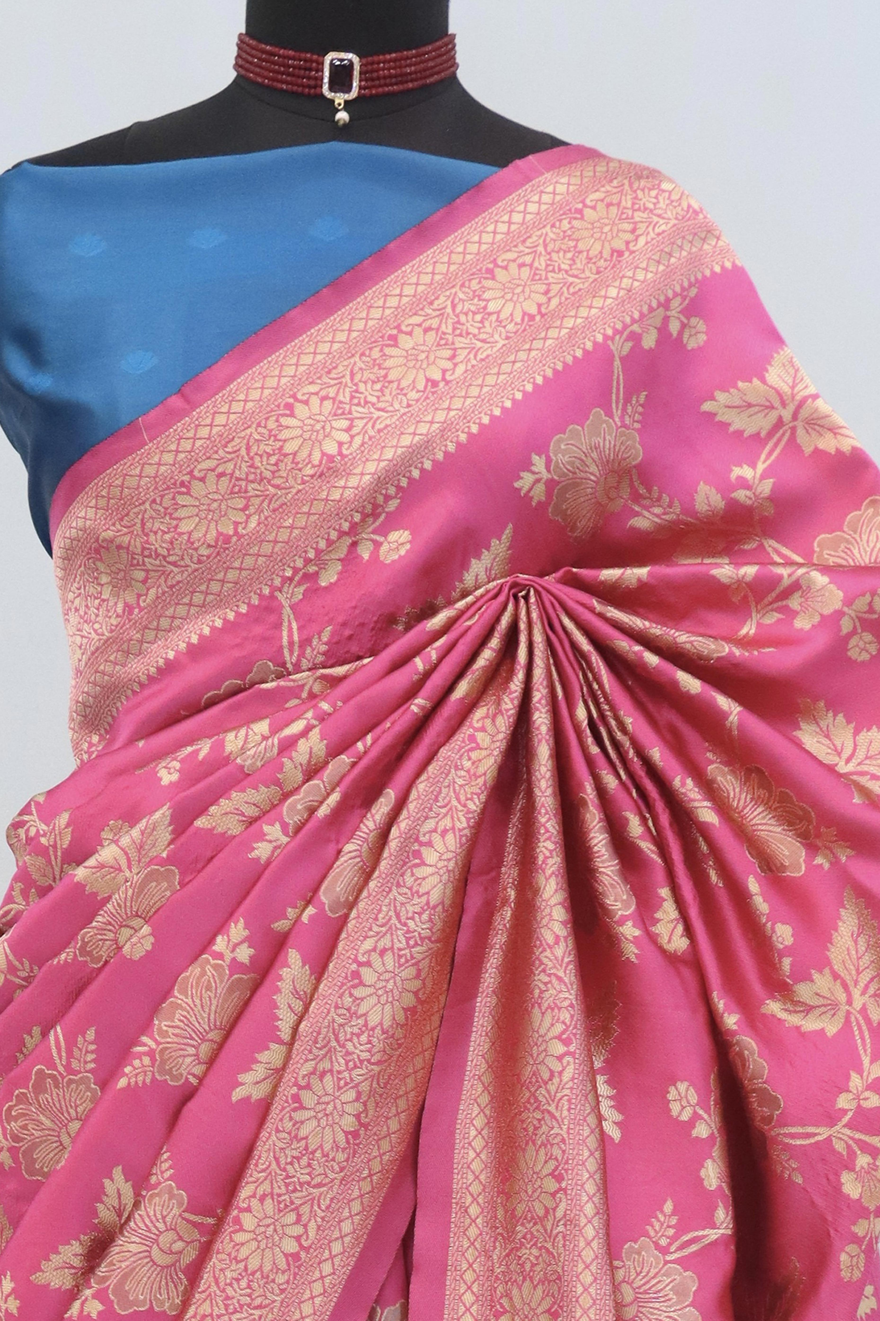 Graceful Pink & Blue Banarasi Silk Saree Featuring Intricate Floral Zari Weaving Work