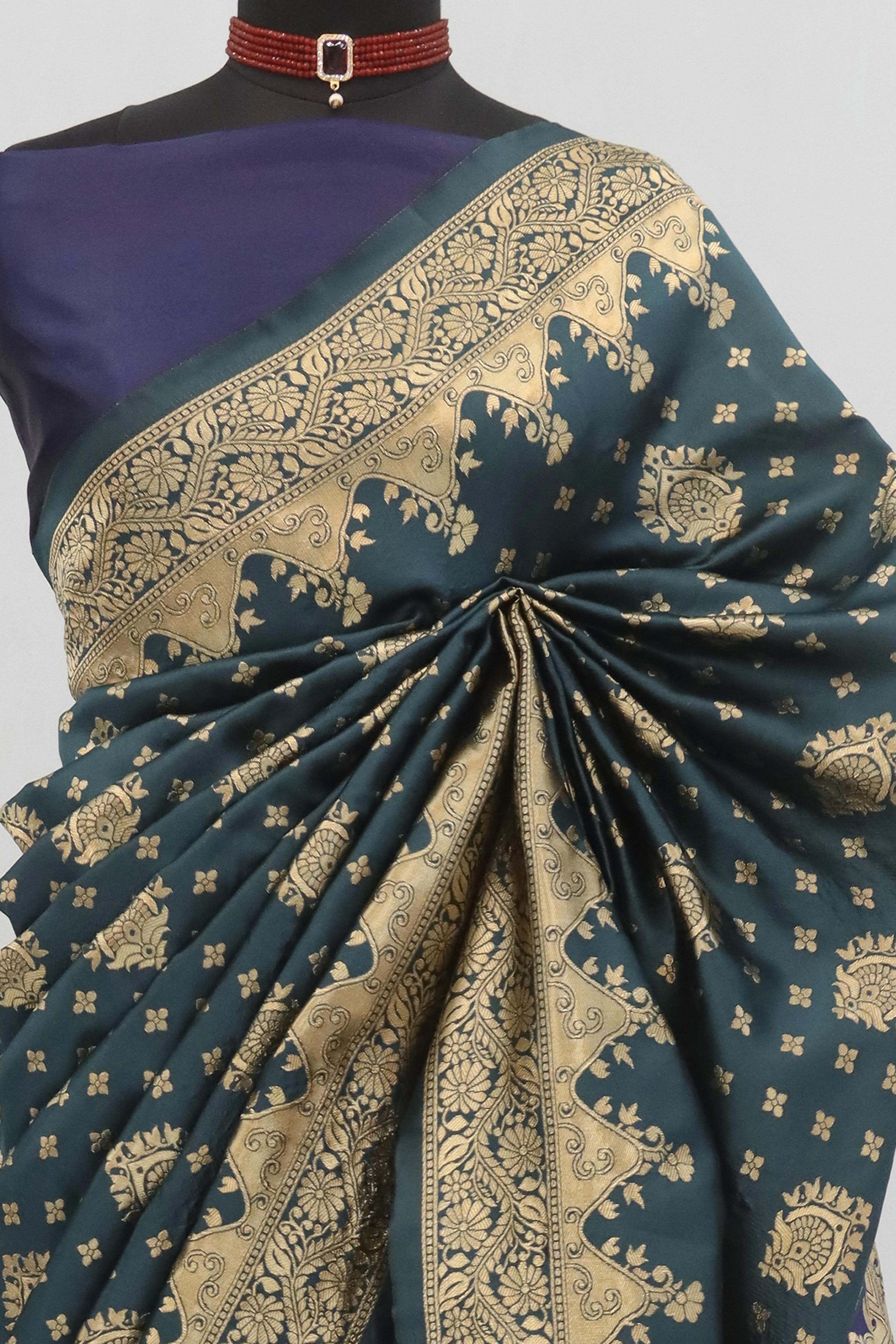 Classic Dark Teal Silk Banarasi Saree Showcasing Delicate Floral Zari Weaving