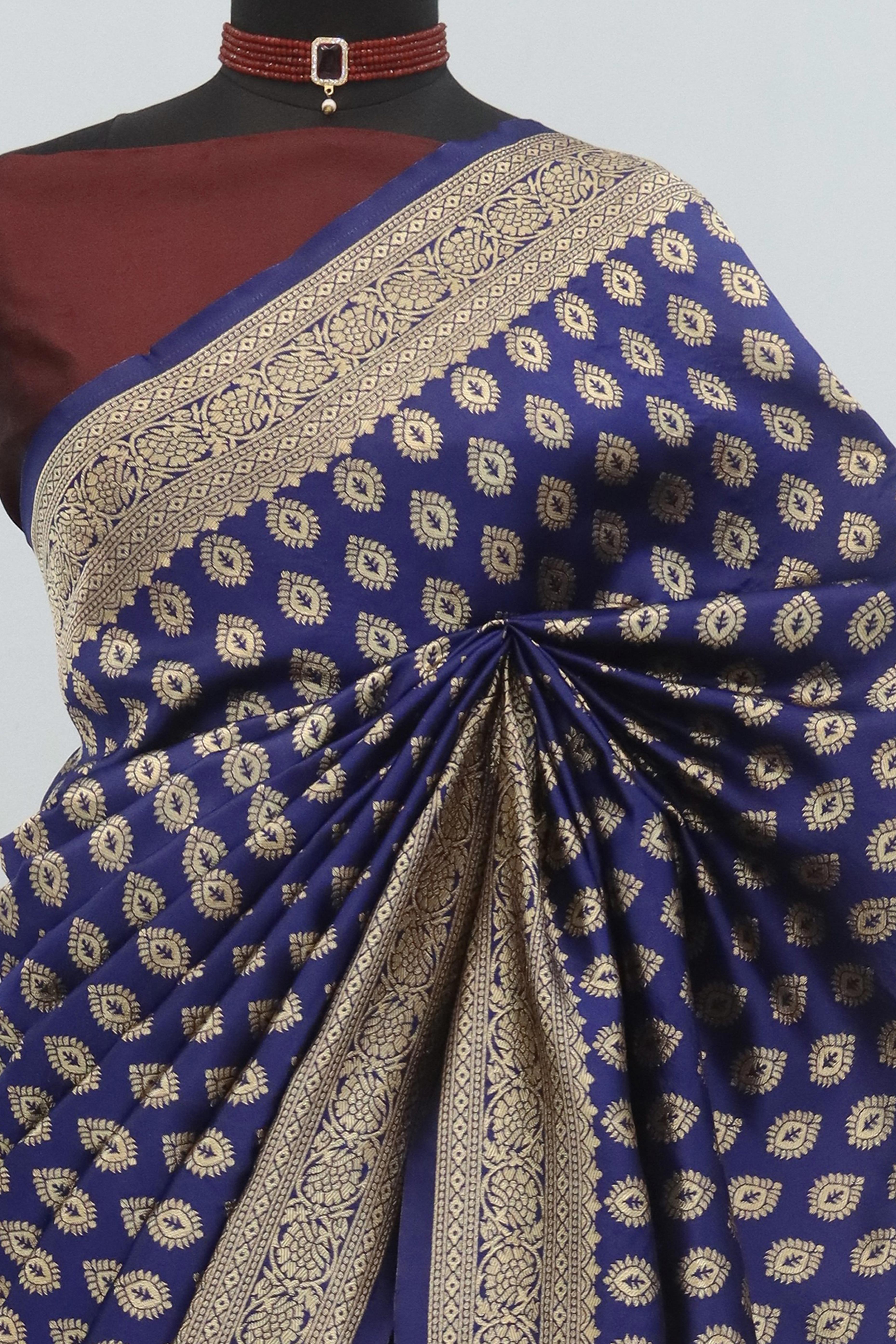 Navy Blue Floral Zari Woven Banarasi Silk Saree For Timeless Elegance