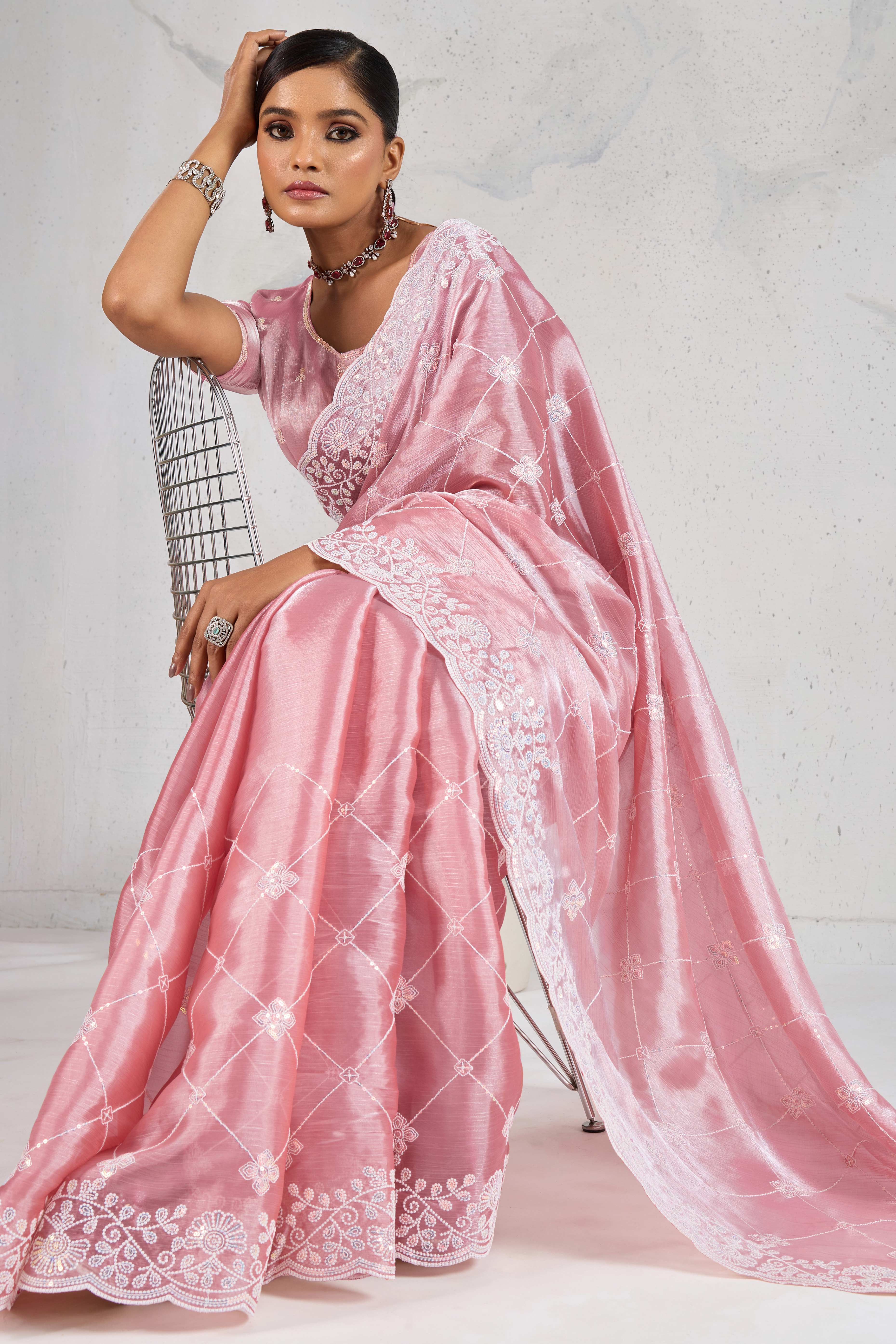 Pink Silk Saree with Dazzling Sequin Embroidery