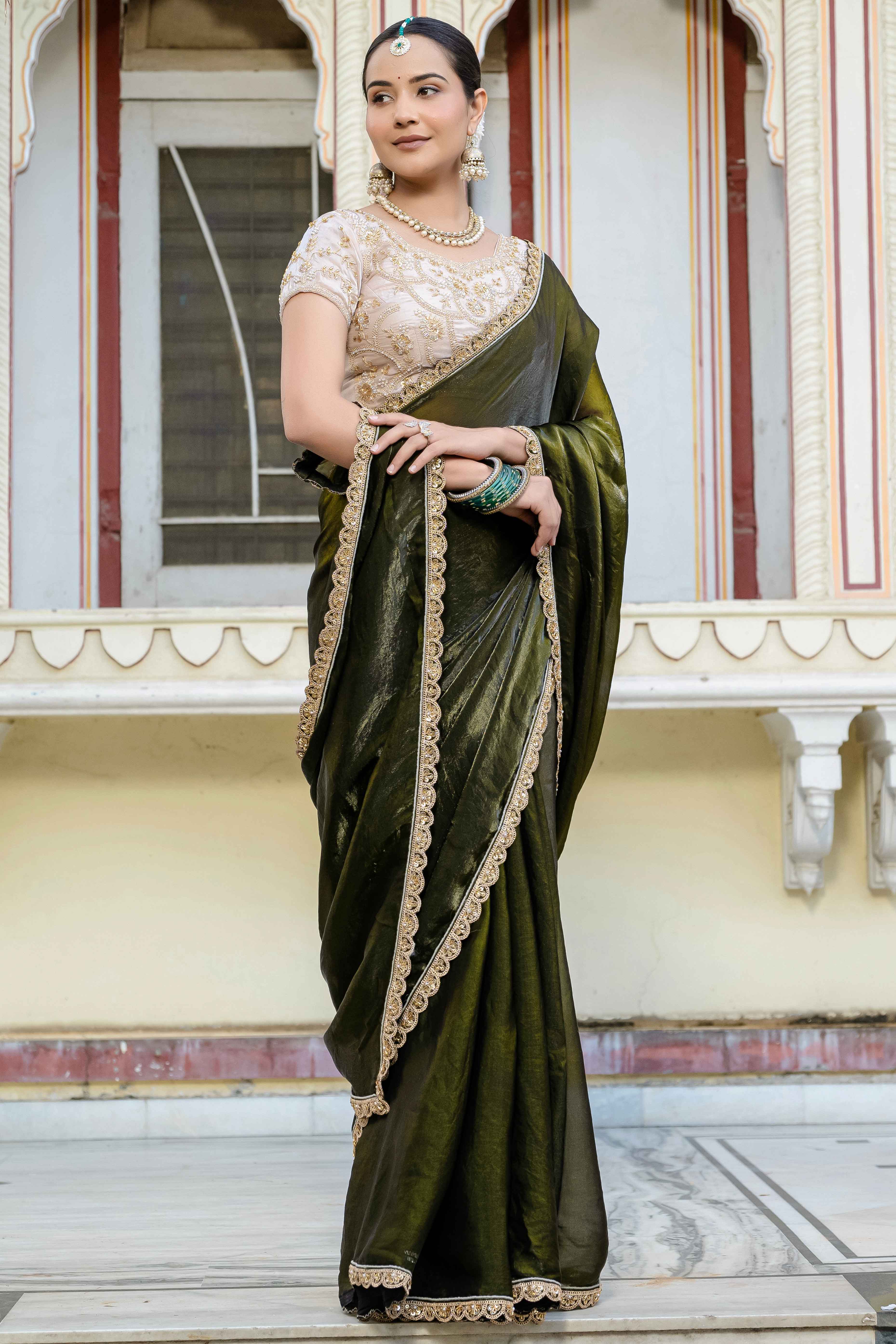 Mehendi Green Satin Velvet Saree Adorned With Handcrafted Sequins Beads & Pearl Embellishments