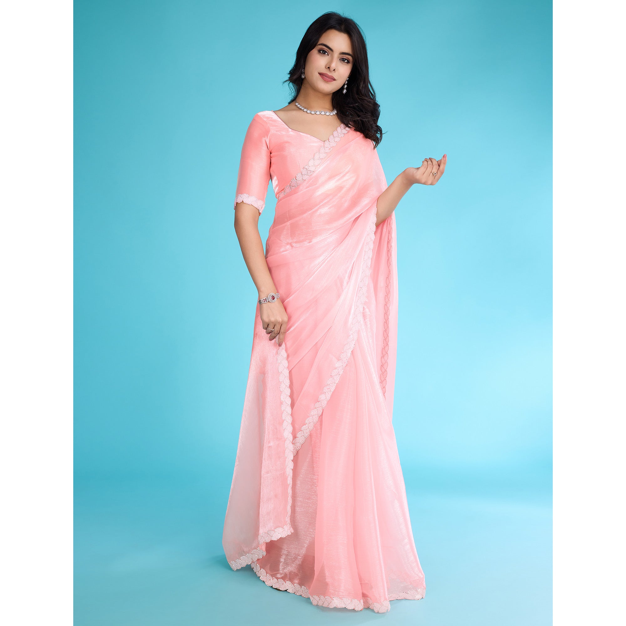 Peach Solid With Zarkan & Ceramic Pearl Diamond Lace Tissue Saree