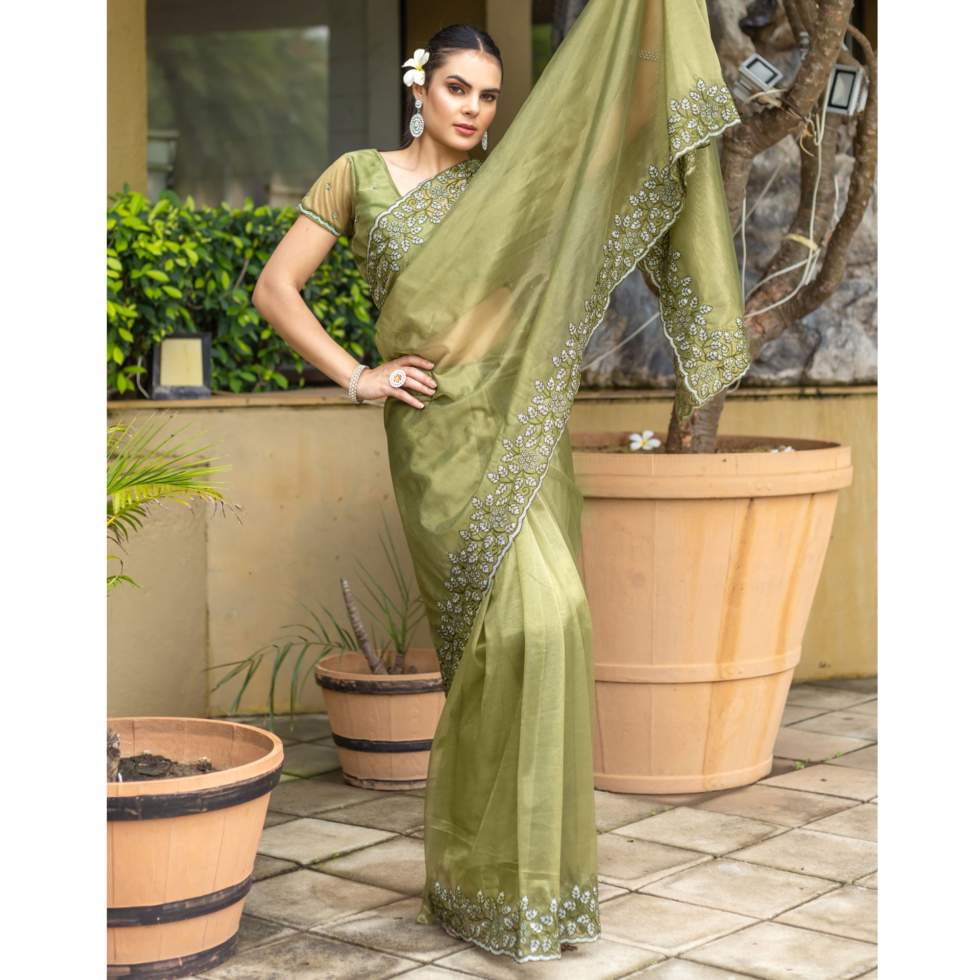 Mehendi Green Floral Sequins Embroidered Twill Net Saree