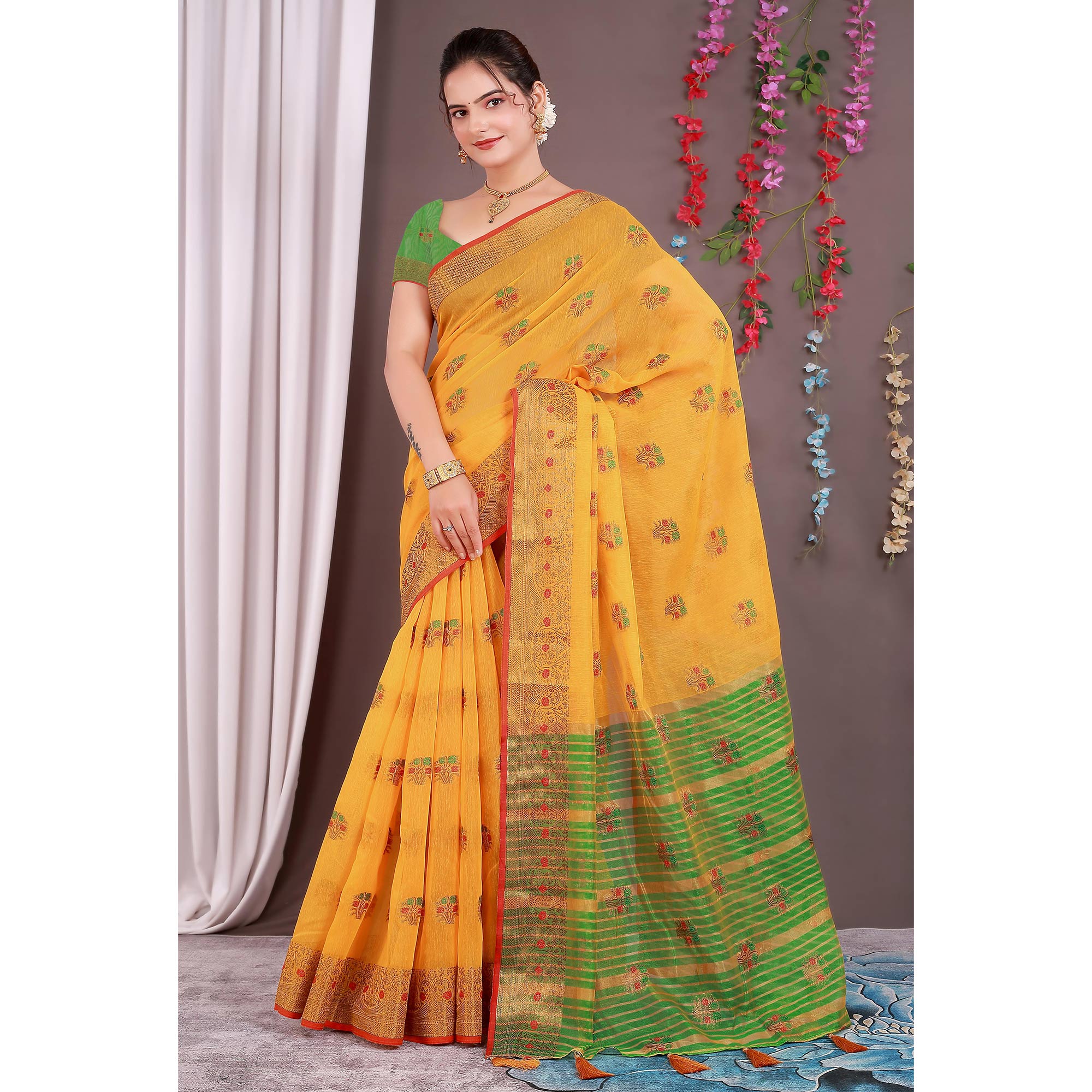 Yellow Floral Woven Cotton Silk Saree With Tassels