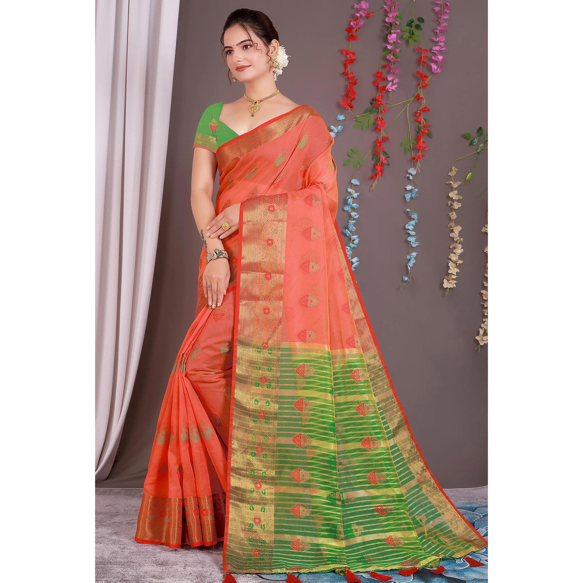 Red Floral Woven Cotton Silk Saree With Tassels