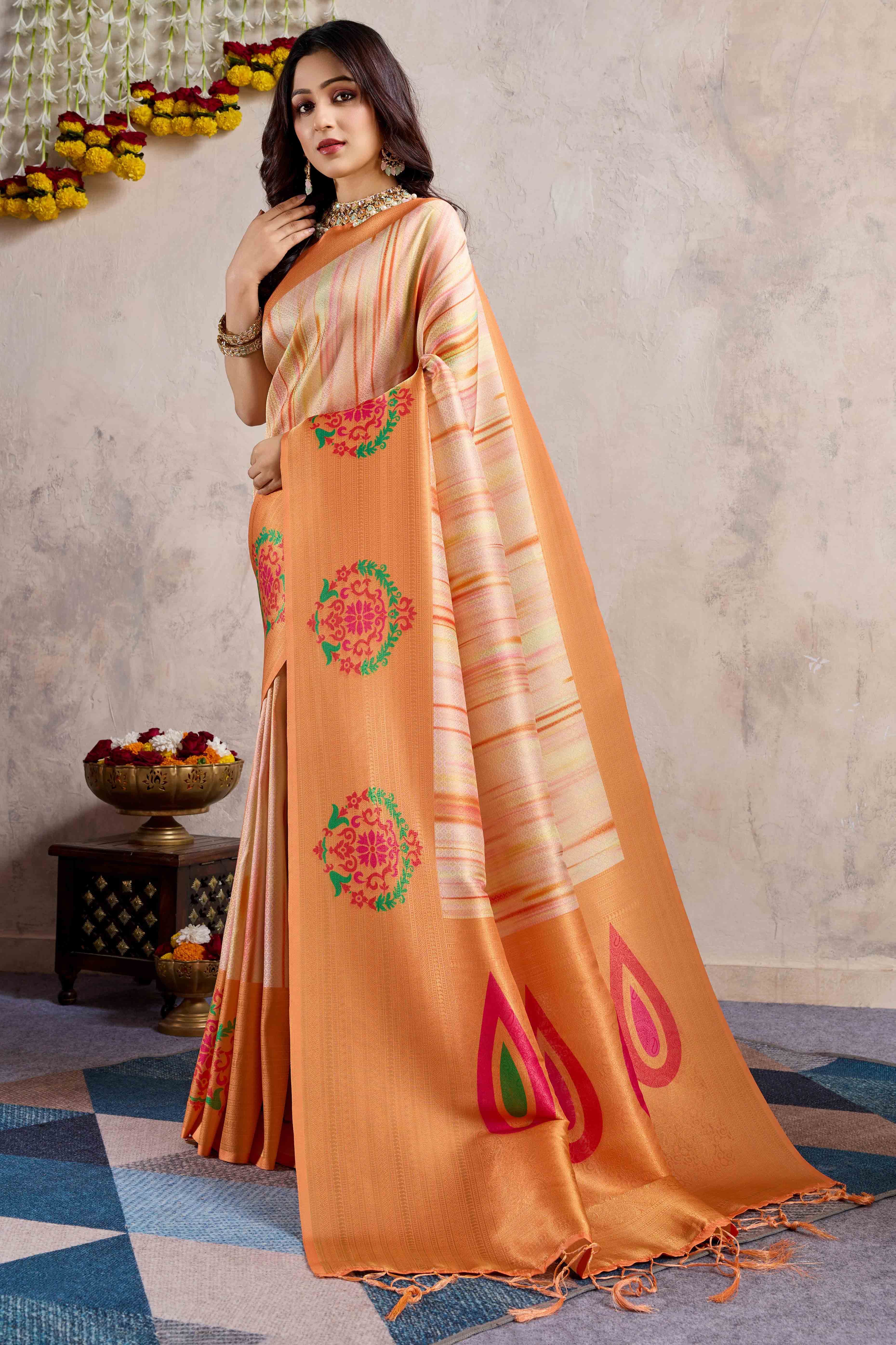 Orange Kanoko Print Weaving Soft Banarasi Silk Saree