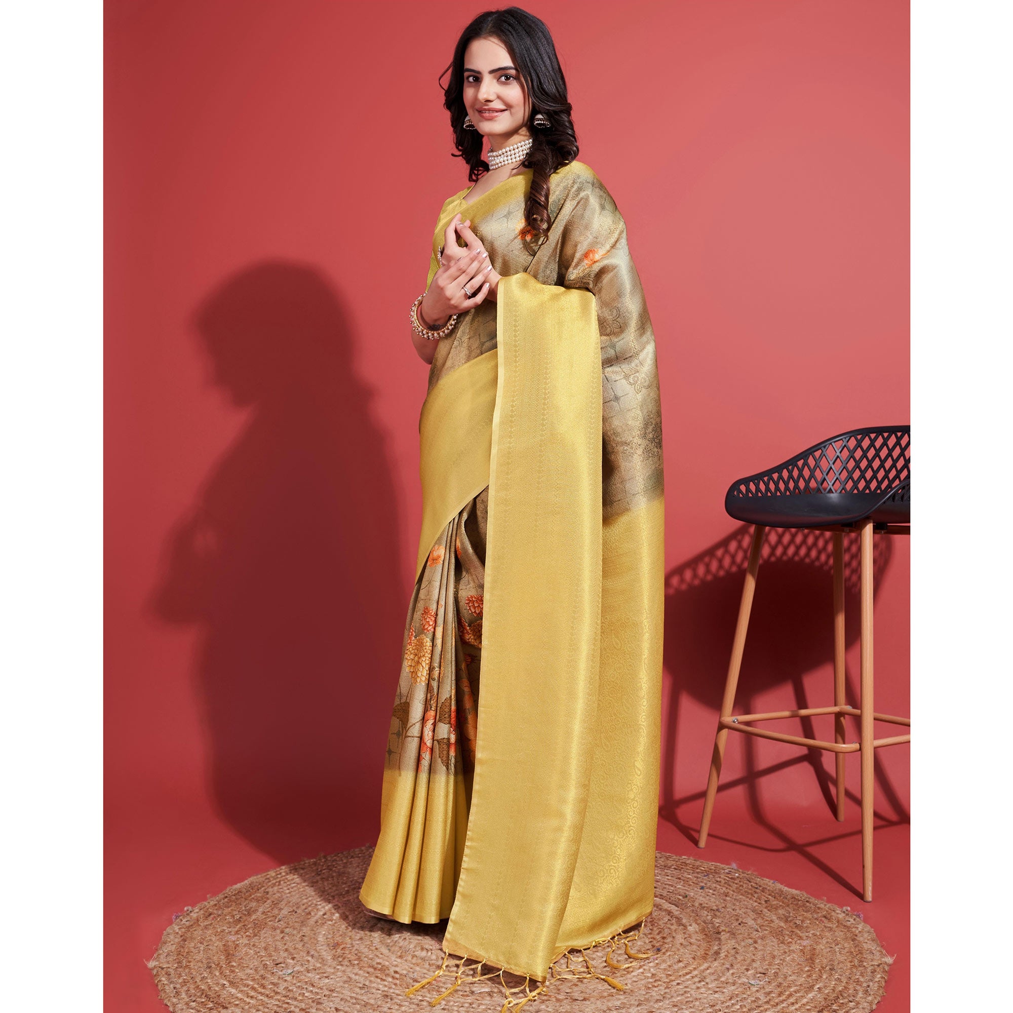 Yellow & Brown Floral Digital Printed With Woven Banarasi Silk Saree
