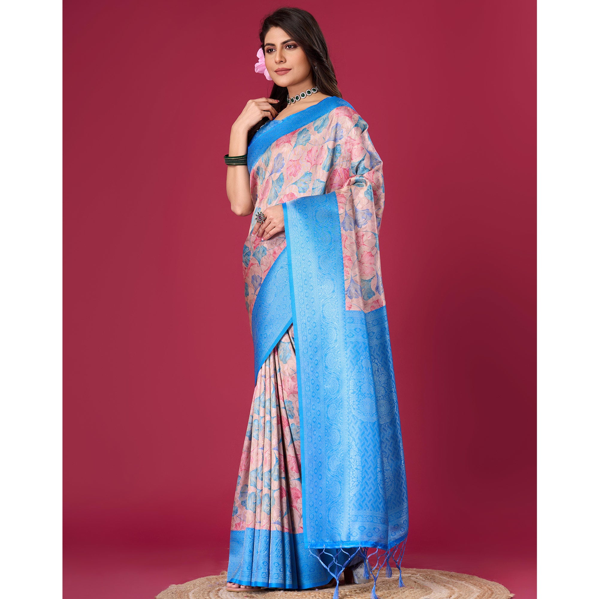 Blue Floral Digital Printed With Woven Pure Silk Saree