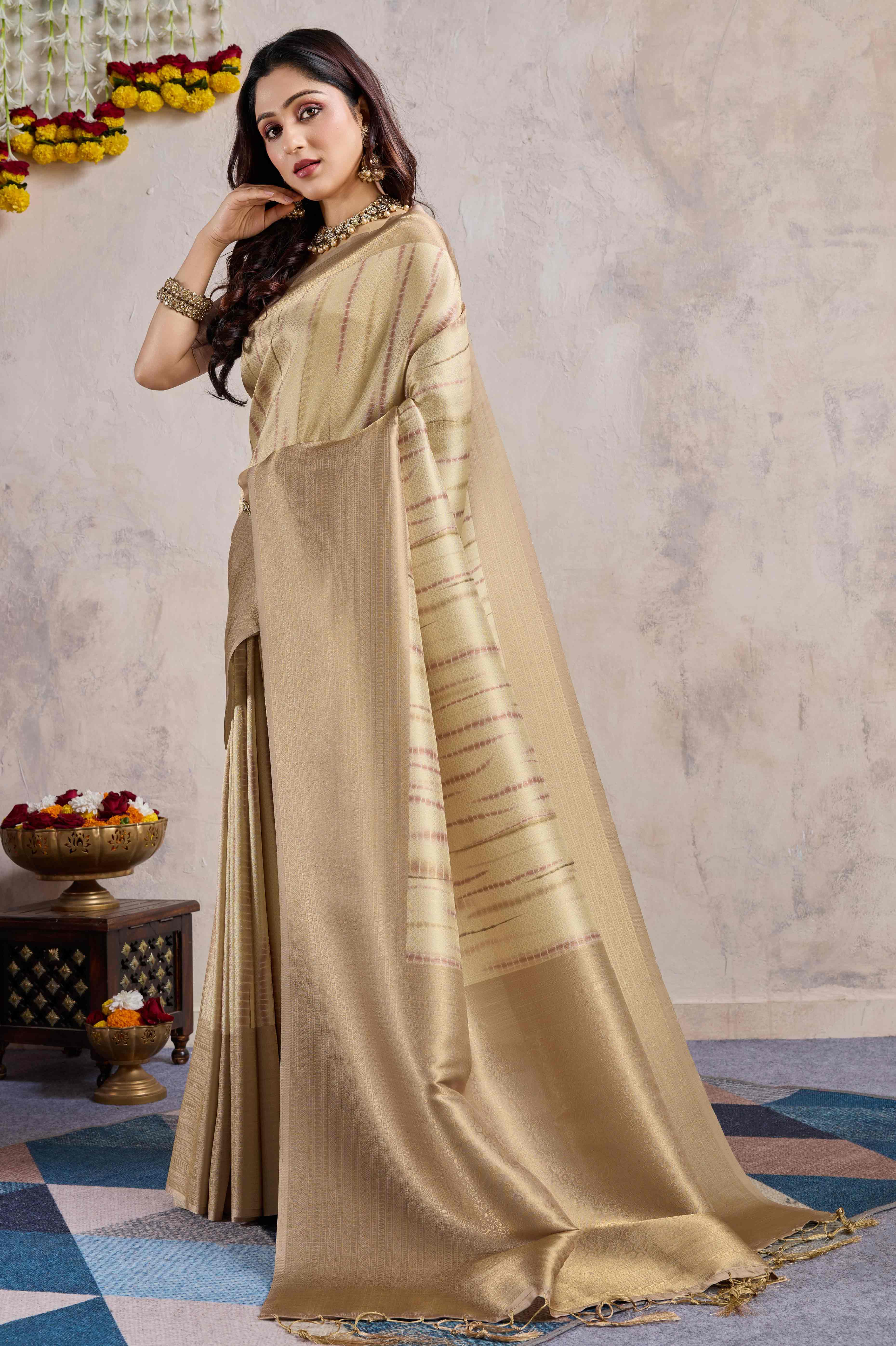 Chikoo Woven With Digital Printed Banarasi Silk Saree