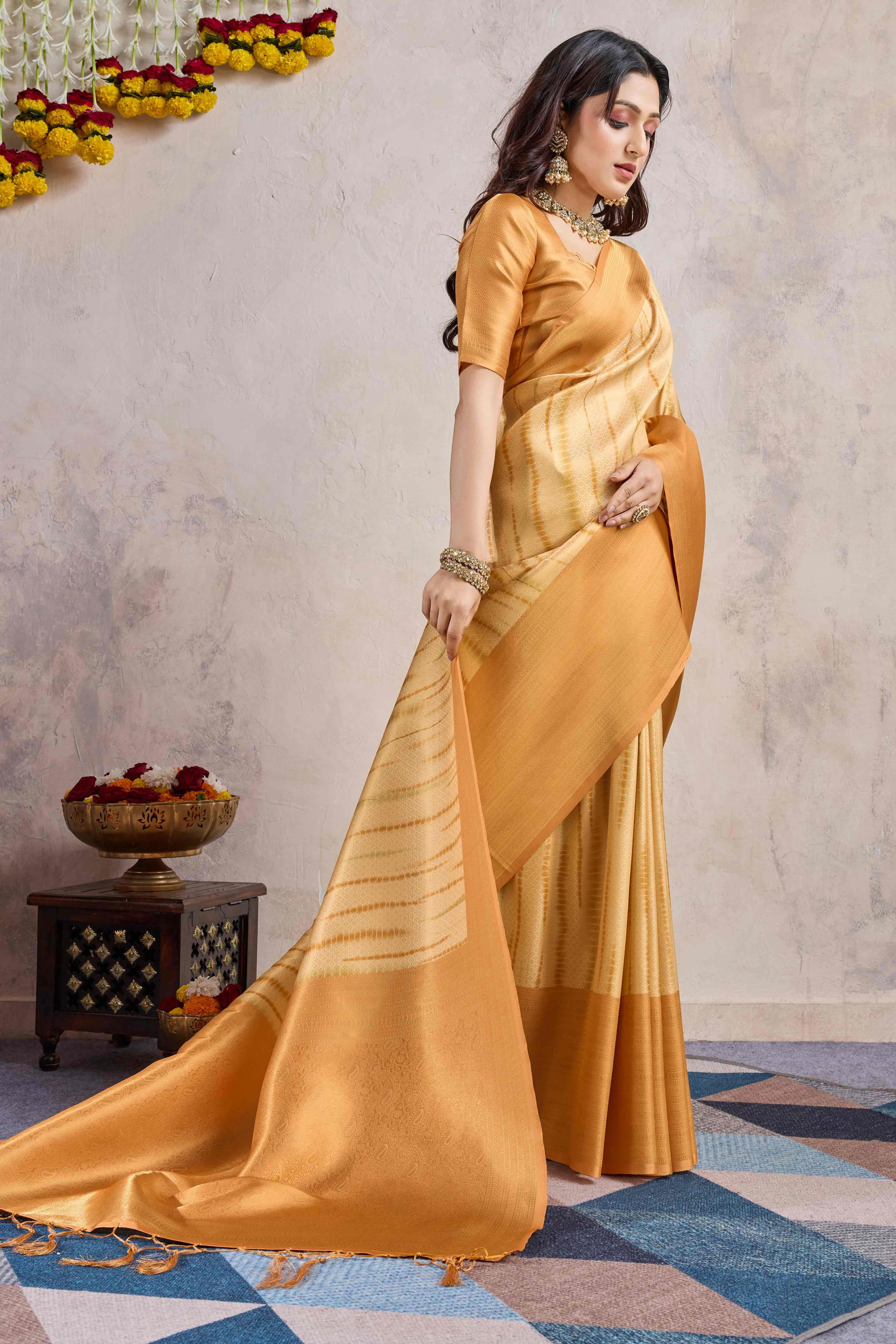 Orange Woven With Digital Printed Banarasi Silk Saree