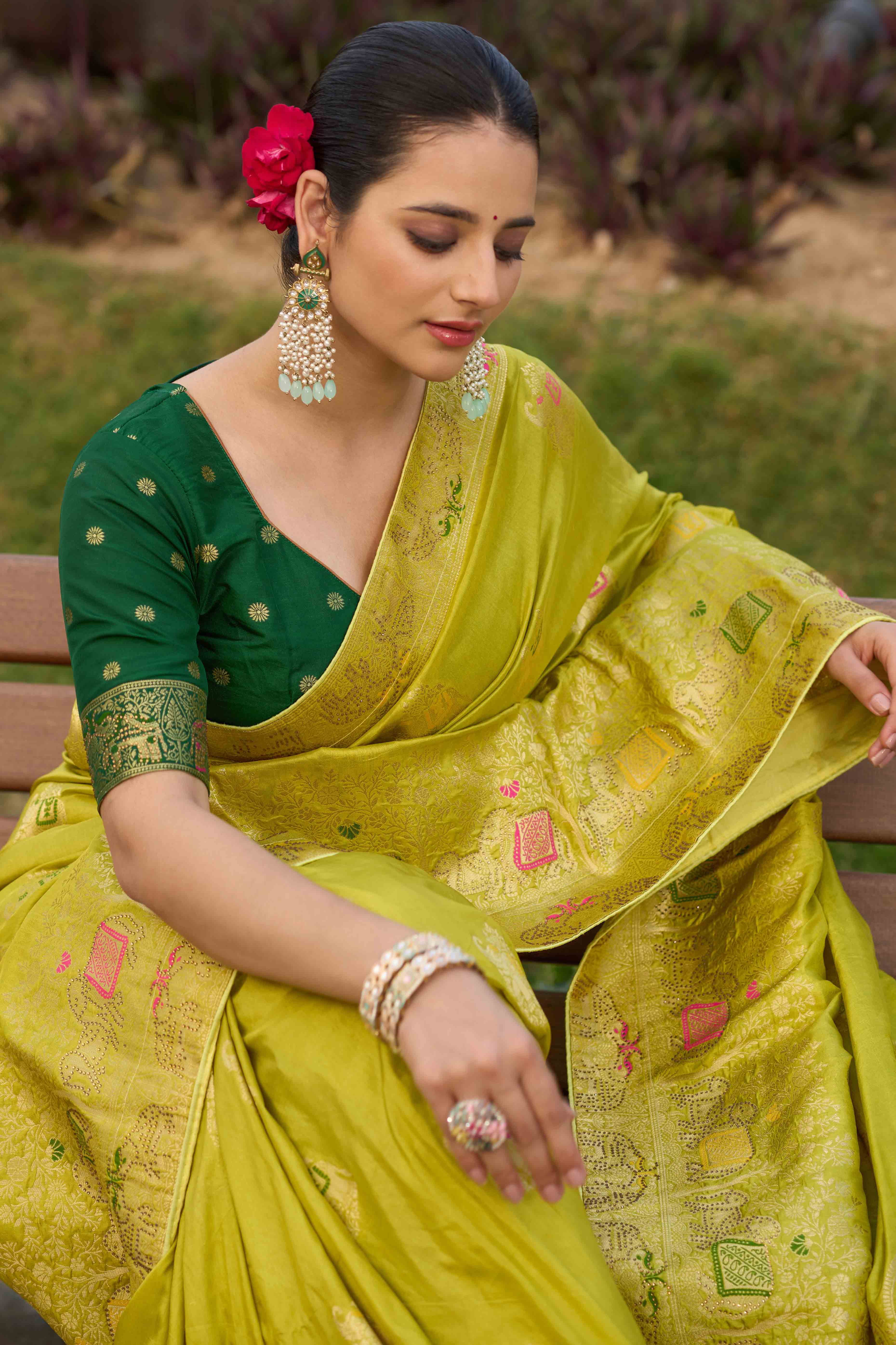 Green Zari Woven Dola Silk Saree With Intricate Meenakari & Swarovski Embellishments