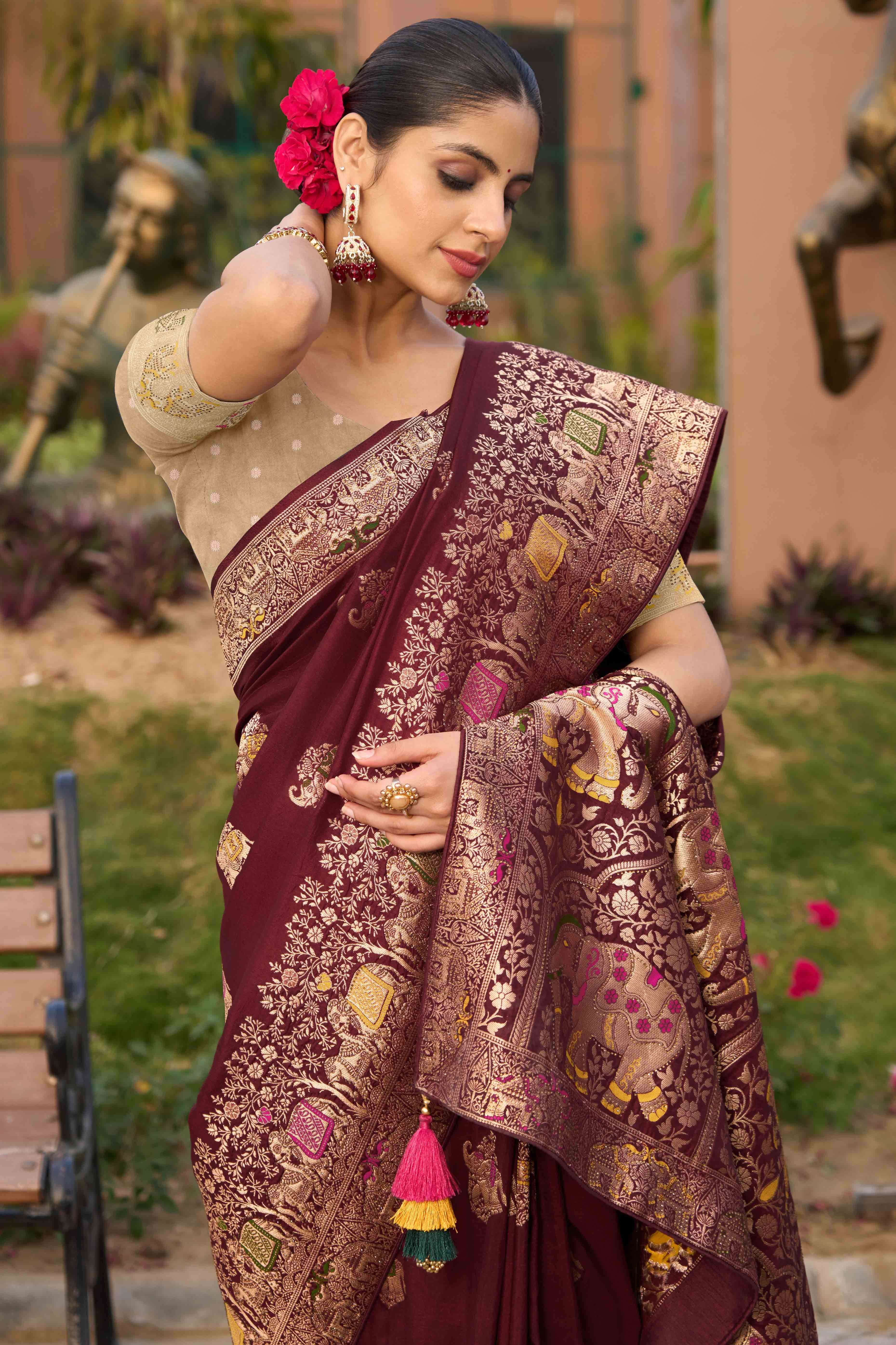 Dark Maroon Zari Woven Dola Silk Saree With Intricate Meenakari & Swarovski Embellishments
