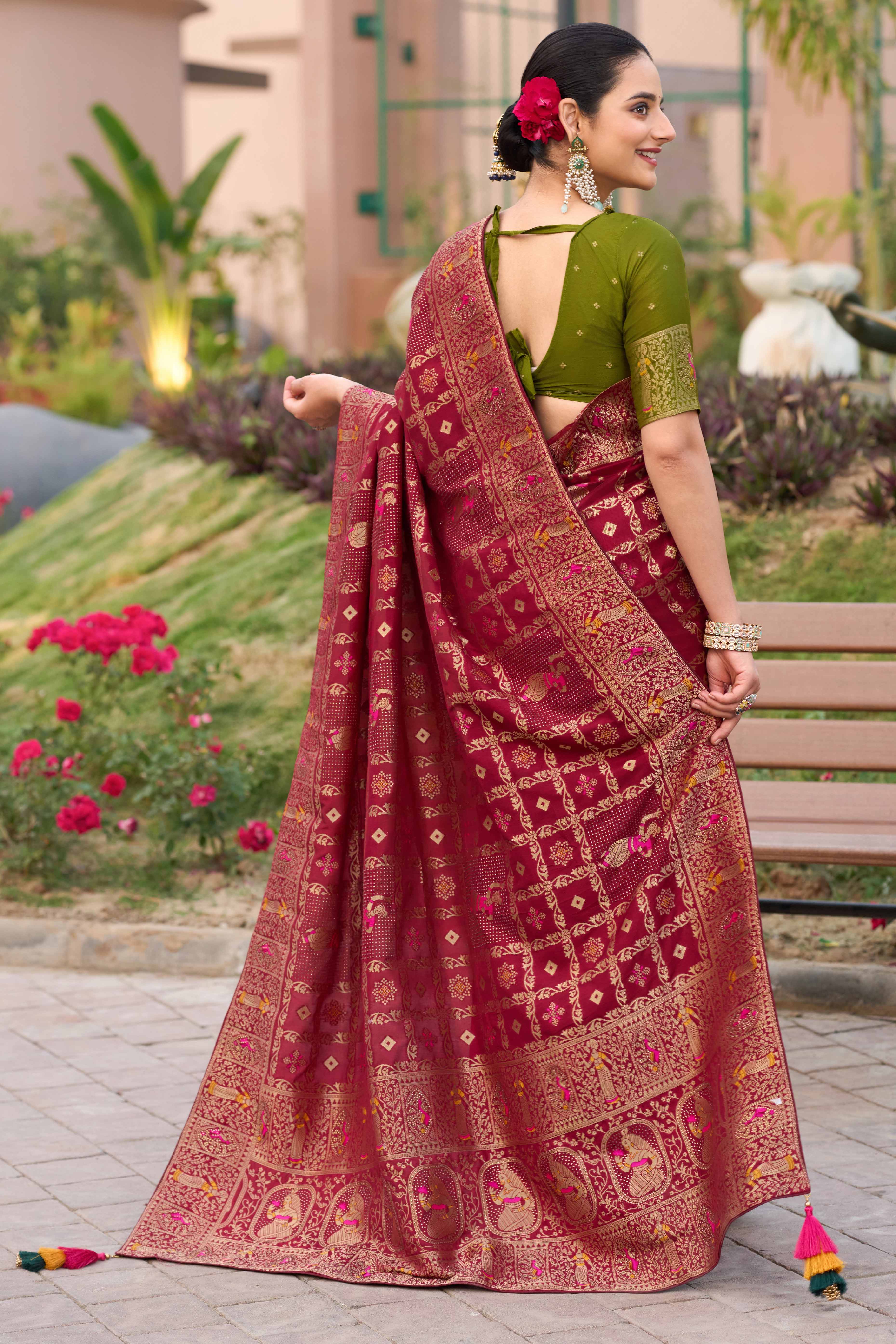 Wine Dola Silk Saree Featuring Intricate Gharchola Woven Design