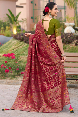 Wine Dola Silk Saree Featuring Intricate Gharchola Woven Design