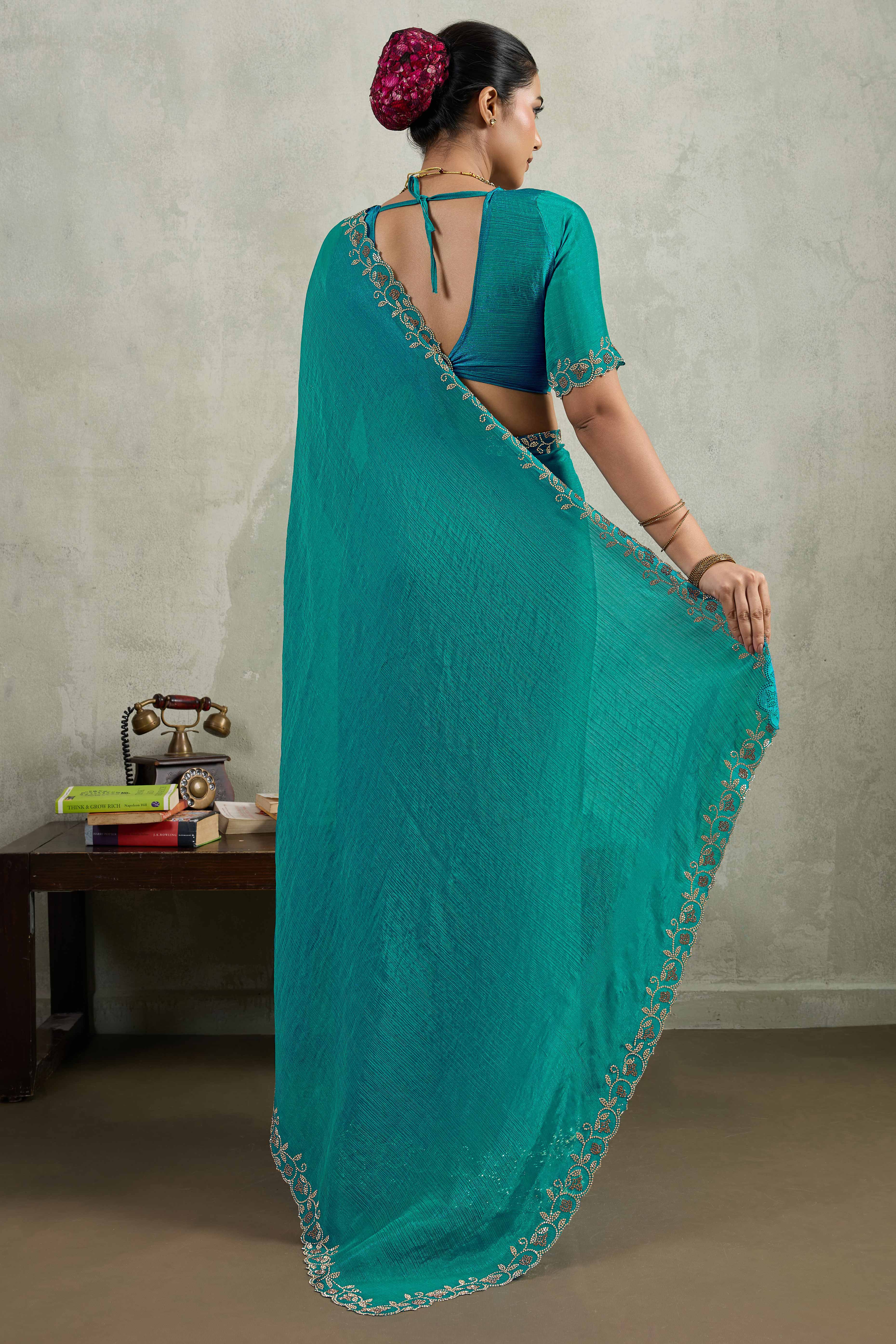 Teal Velvet Chiffon Saree Accented with Sparkling Zarkan Detailing