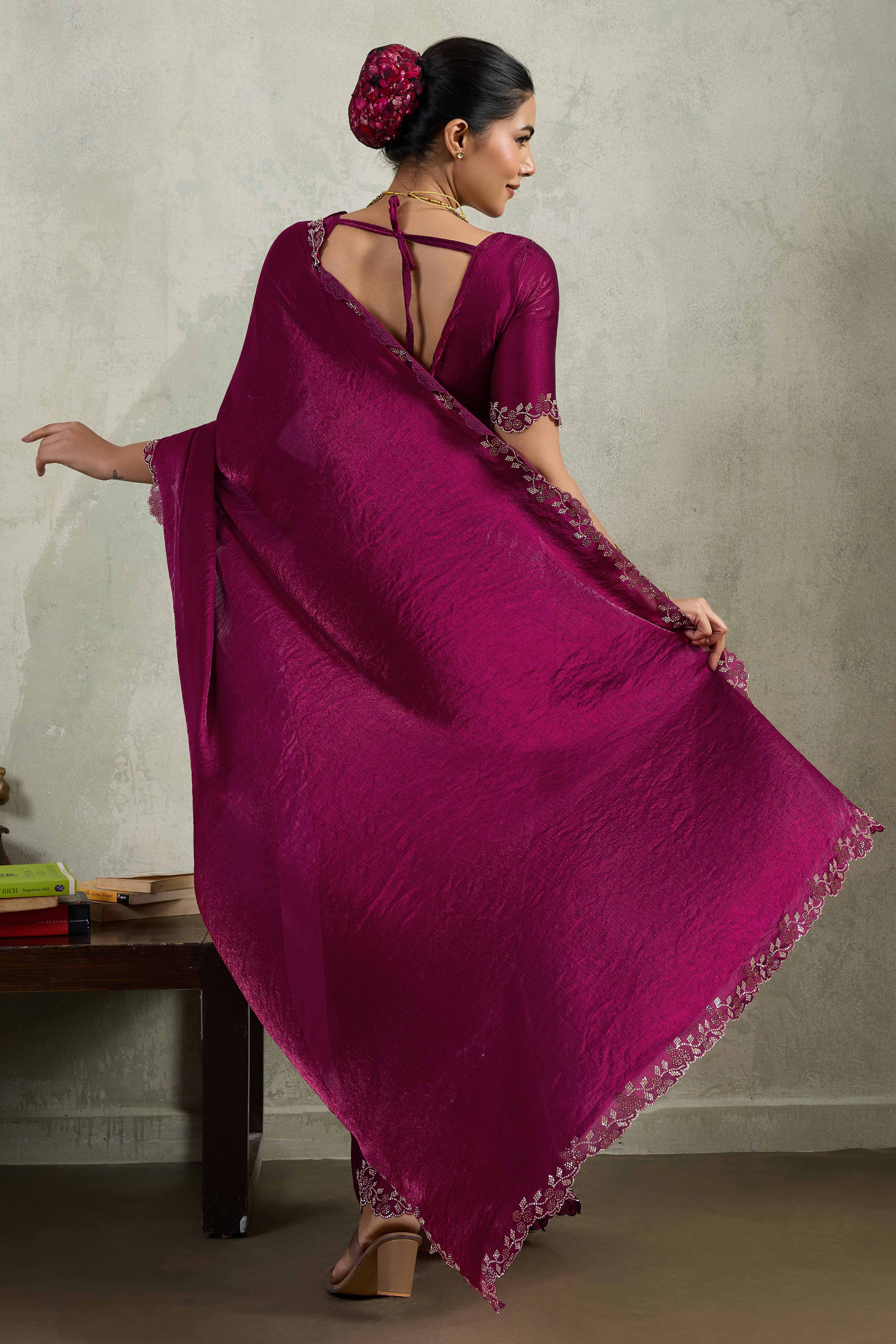 Wine Velvet Chiffon Saree Accented with Sparkling Zarkan Detailing