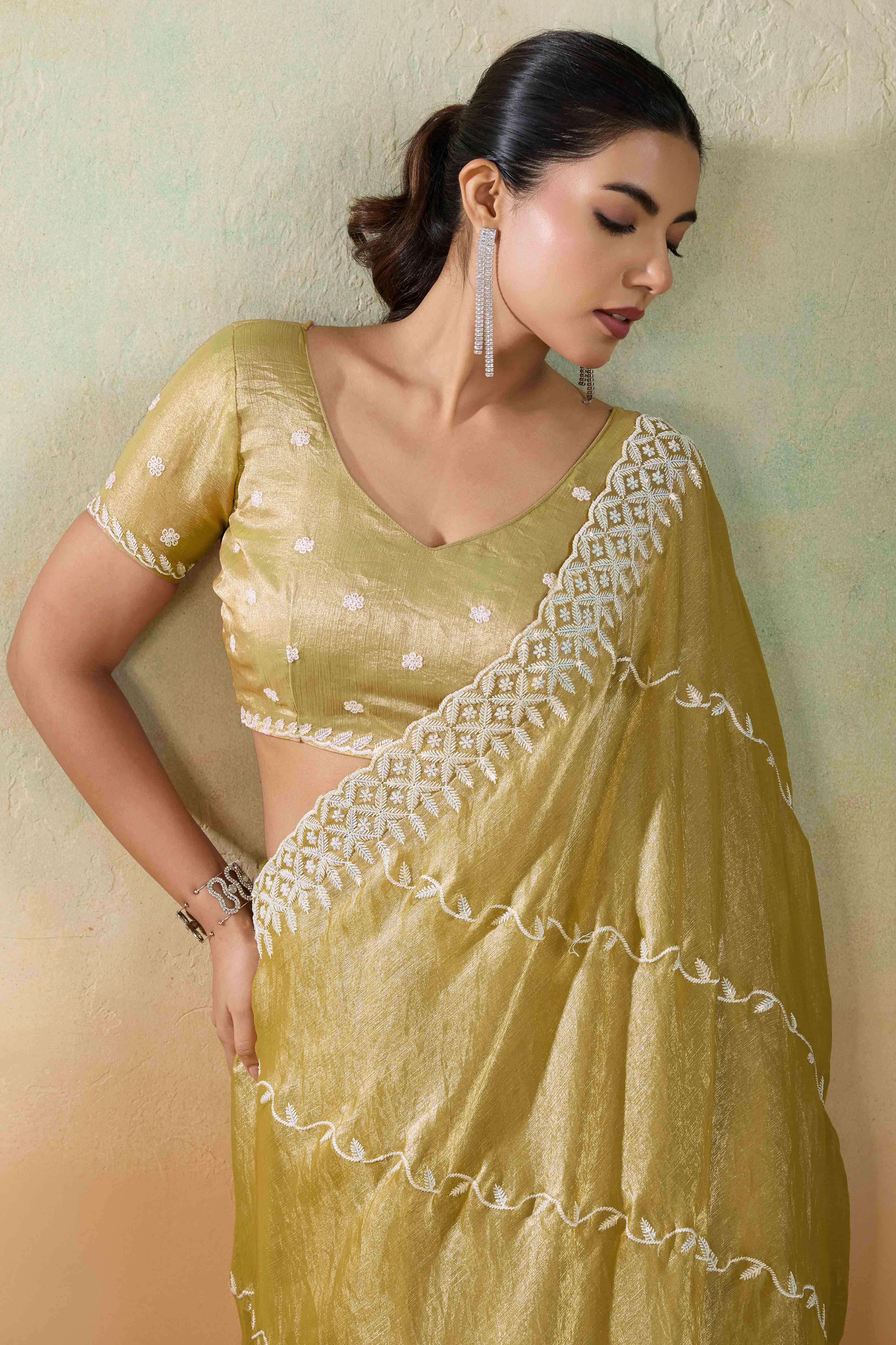 Olive Chiffon Saree with Rich Velvet Accents & Thread Detailing