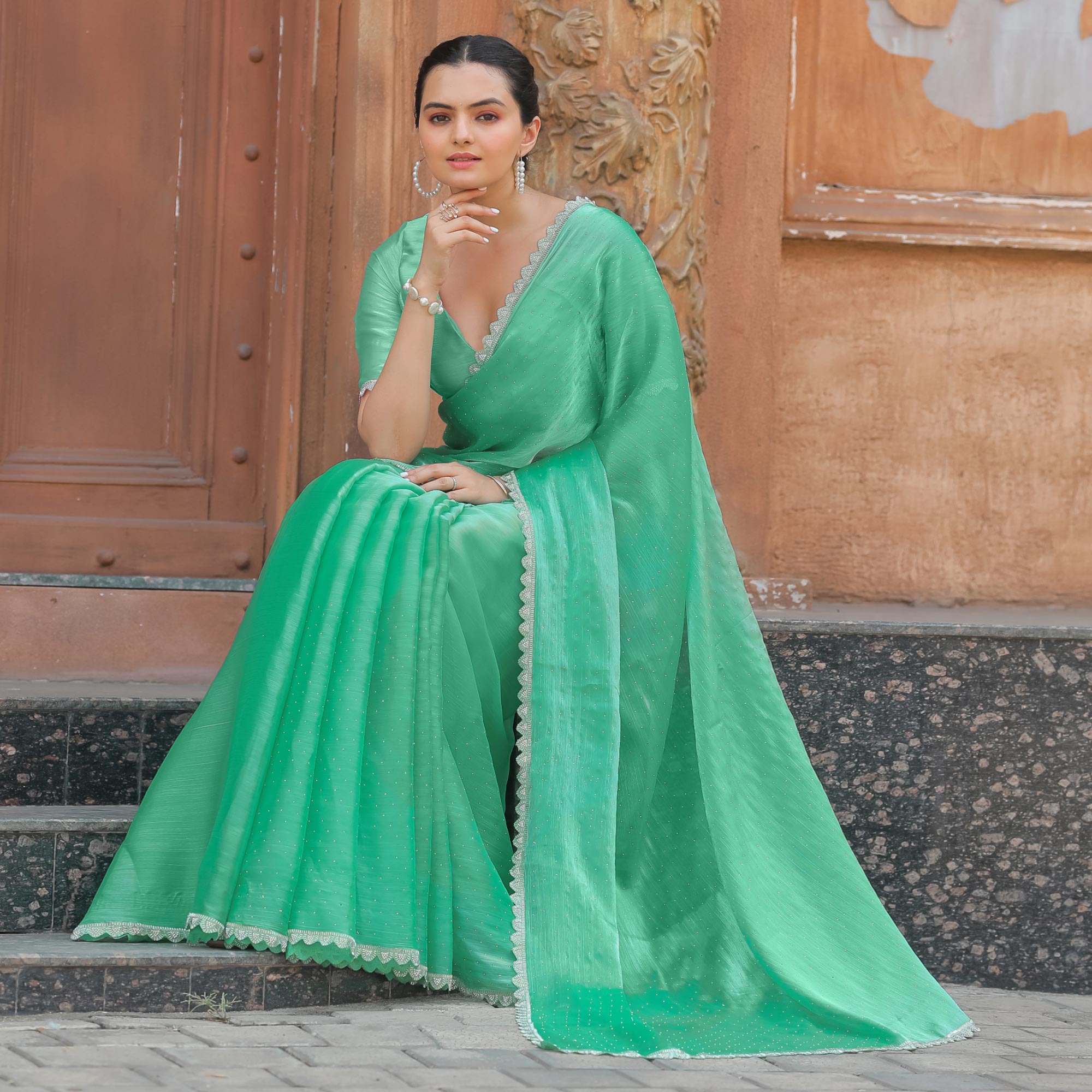 Sea Green Stonework Tussar Silk Saree