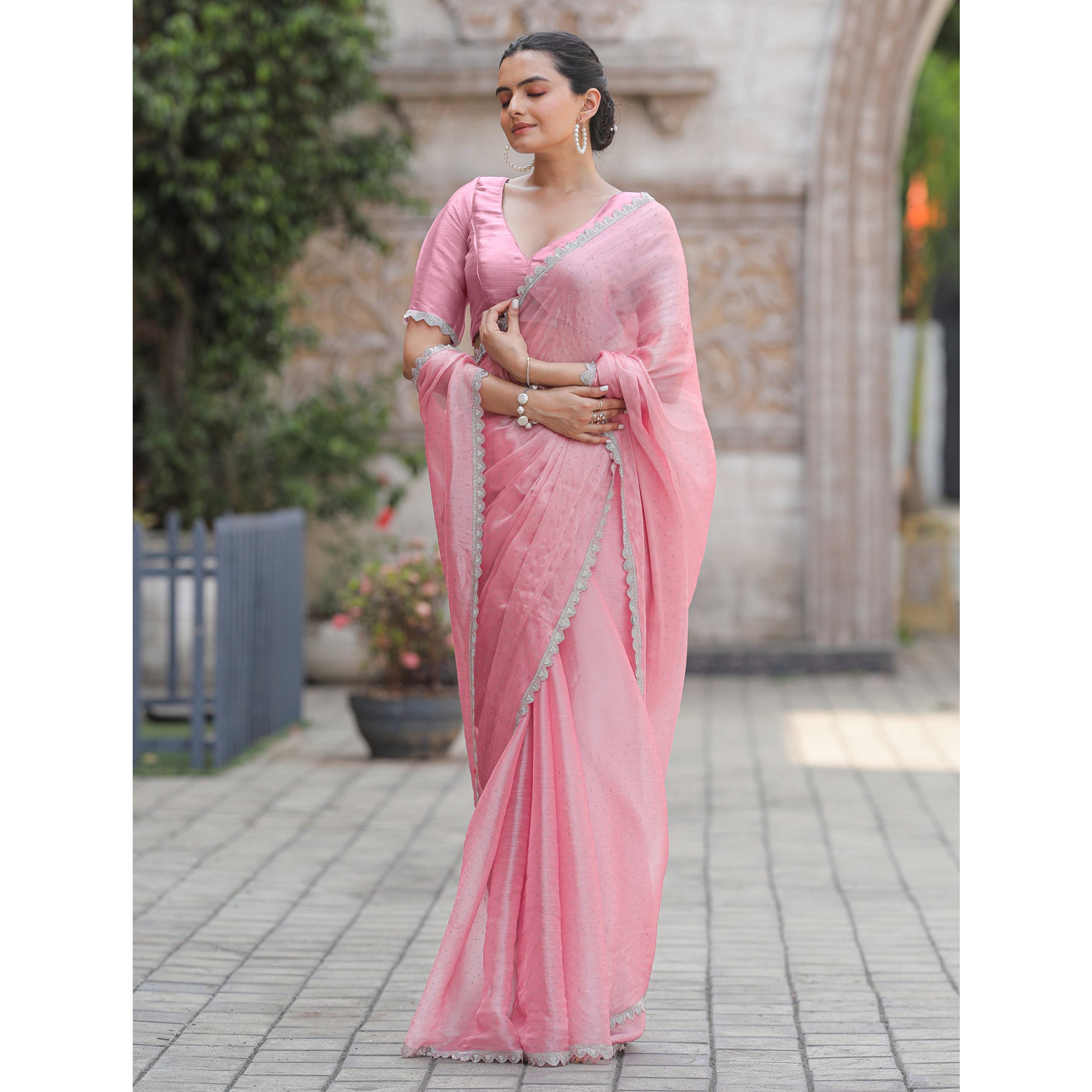Pink Stonework Tussar Silk Saree