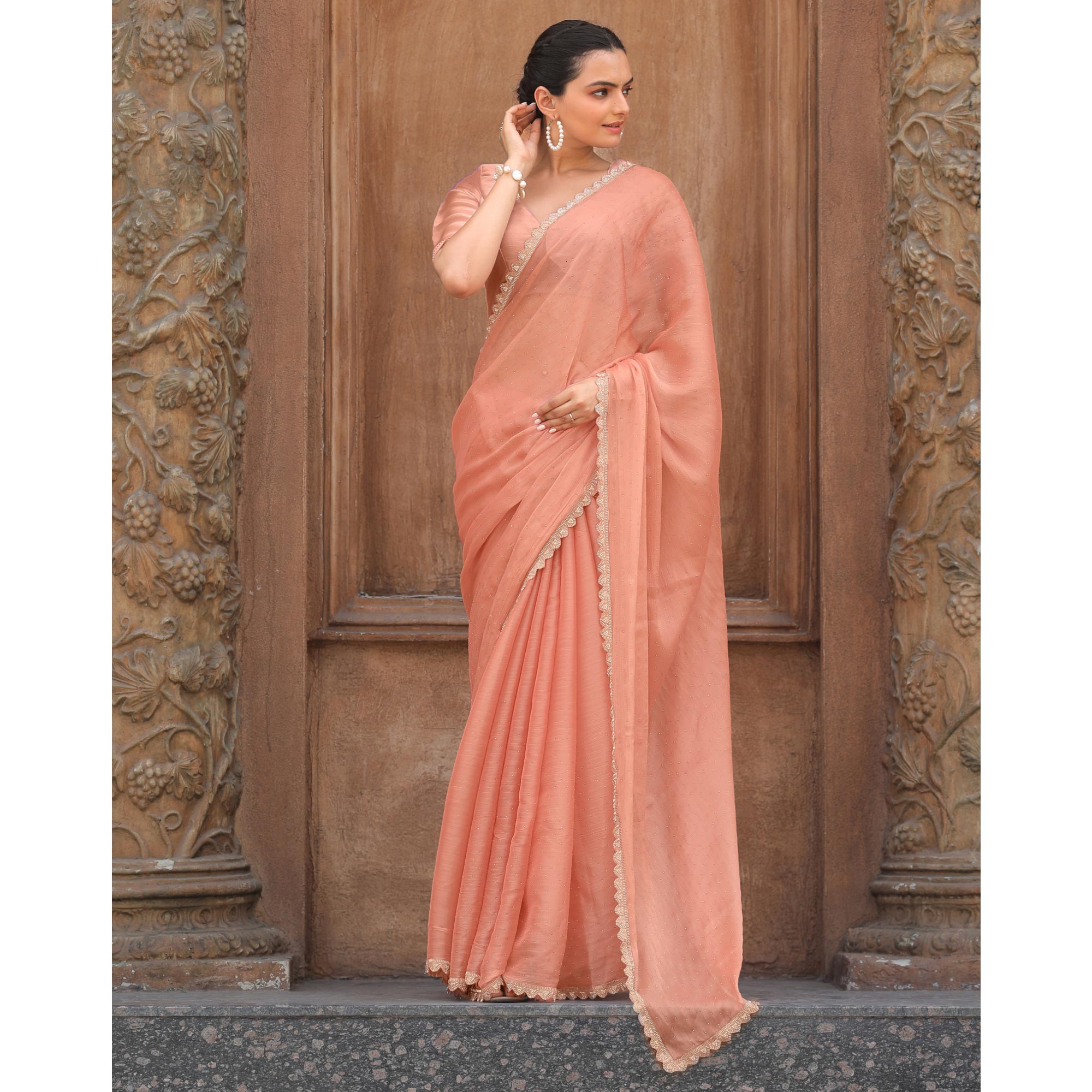 Peach Stonework Tussar Silk Saree