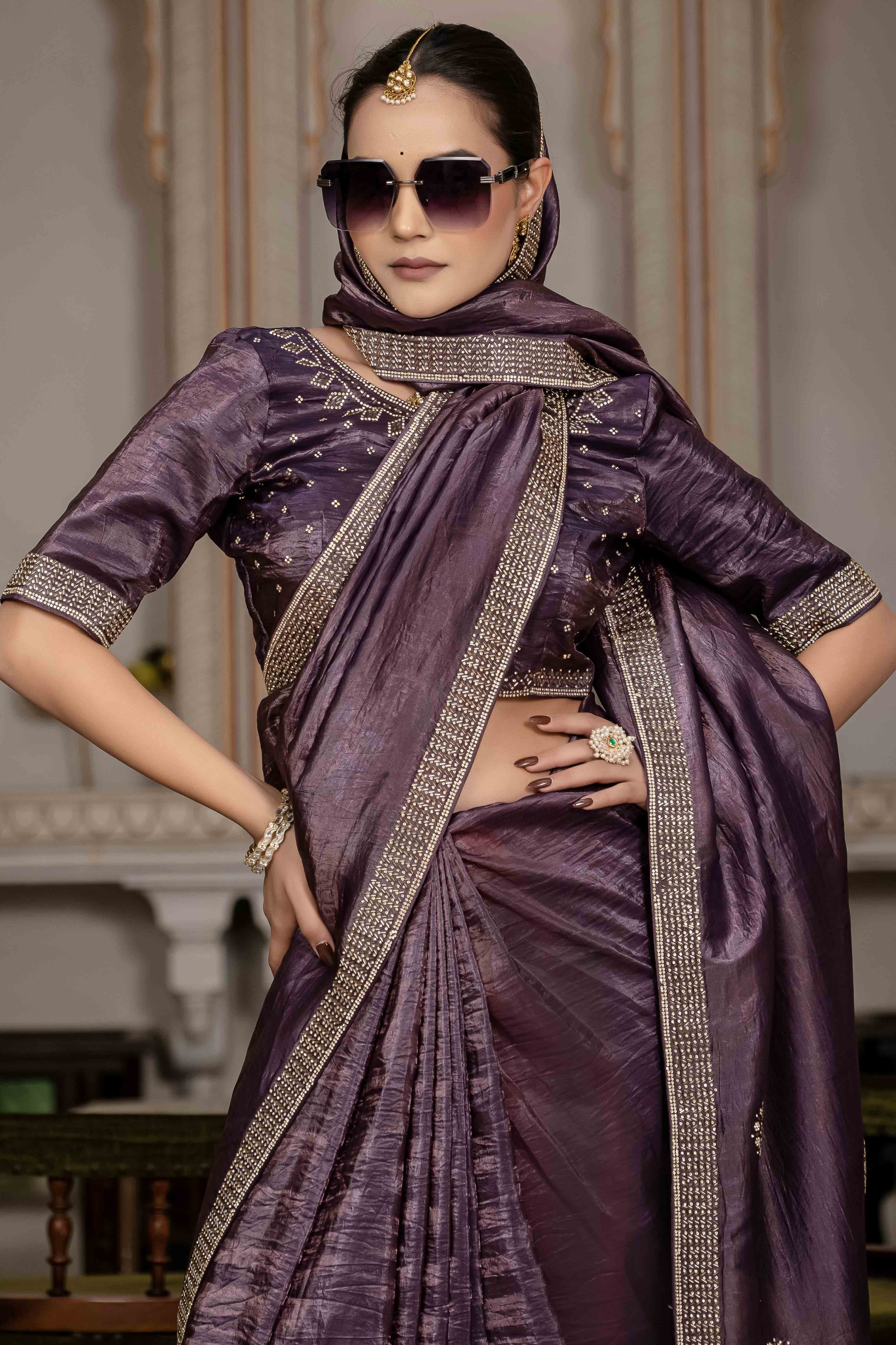 Purple Tissue Gold Crush Saree With Exquisite Cutdana & Zarkan Hand Embellishment