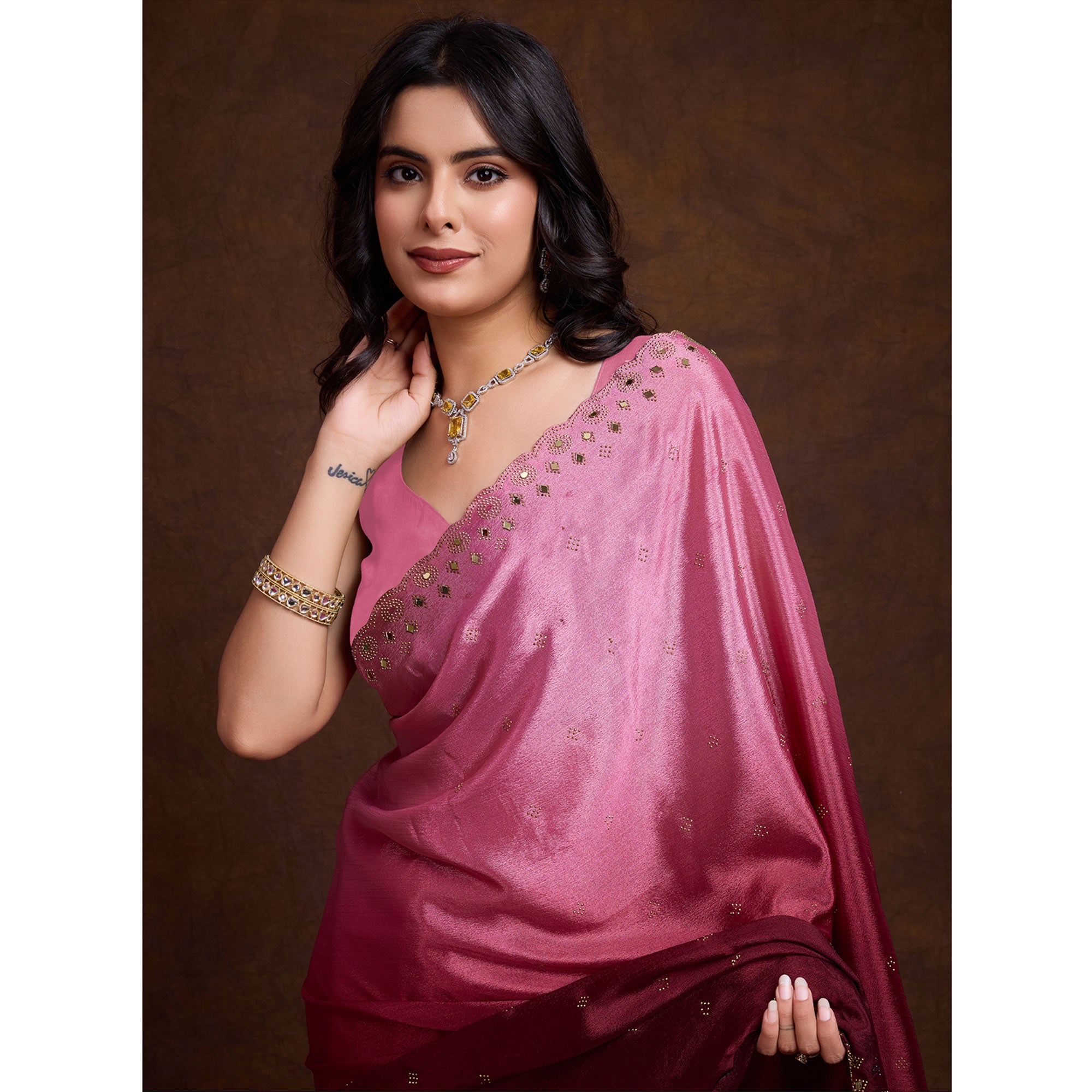 Rose Pink Ombre Chinon Saree With Mirror Border