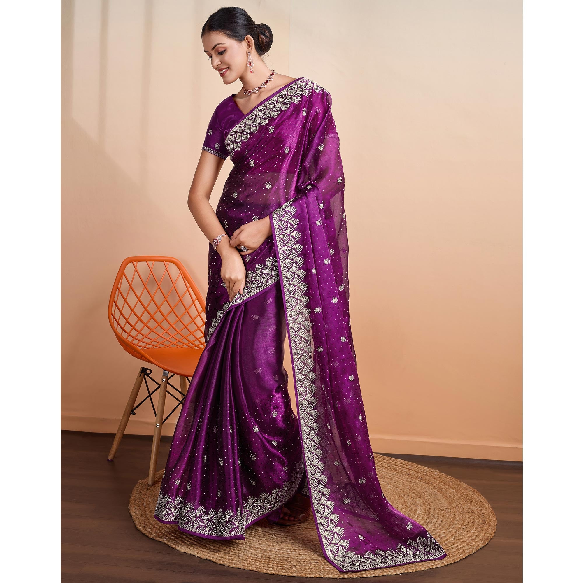 Purple Embroidered Tussar Silk Saree