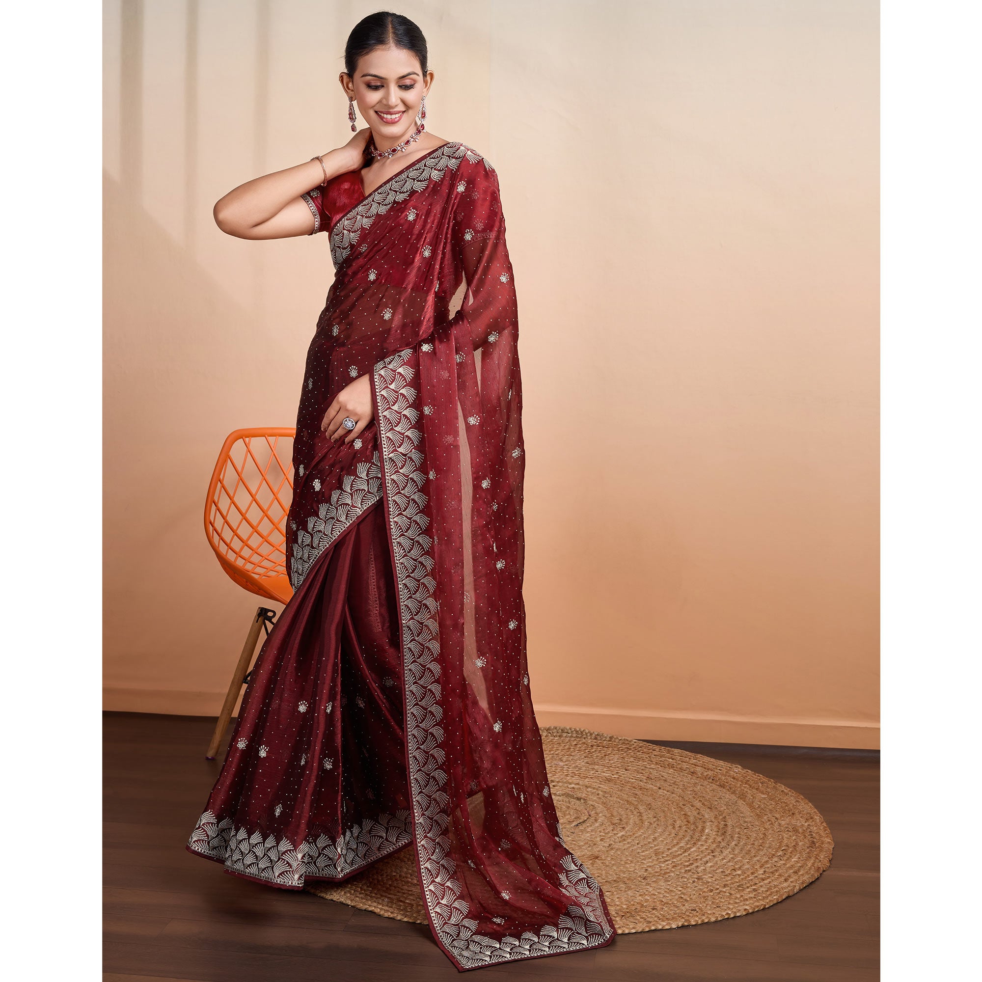 Wine Embroidered Tussar Silk Saree