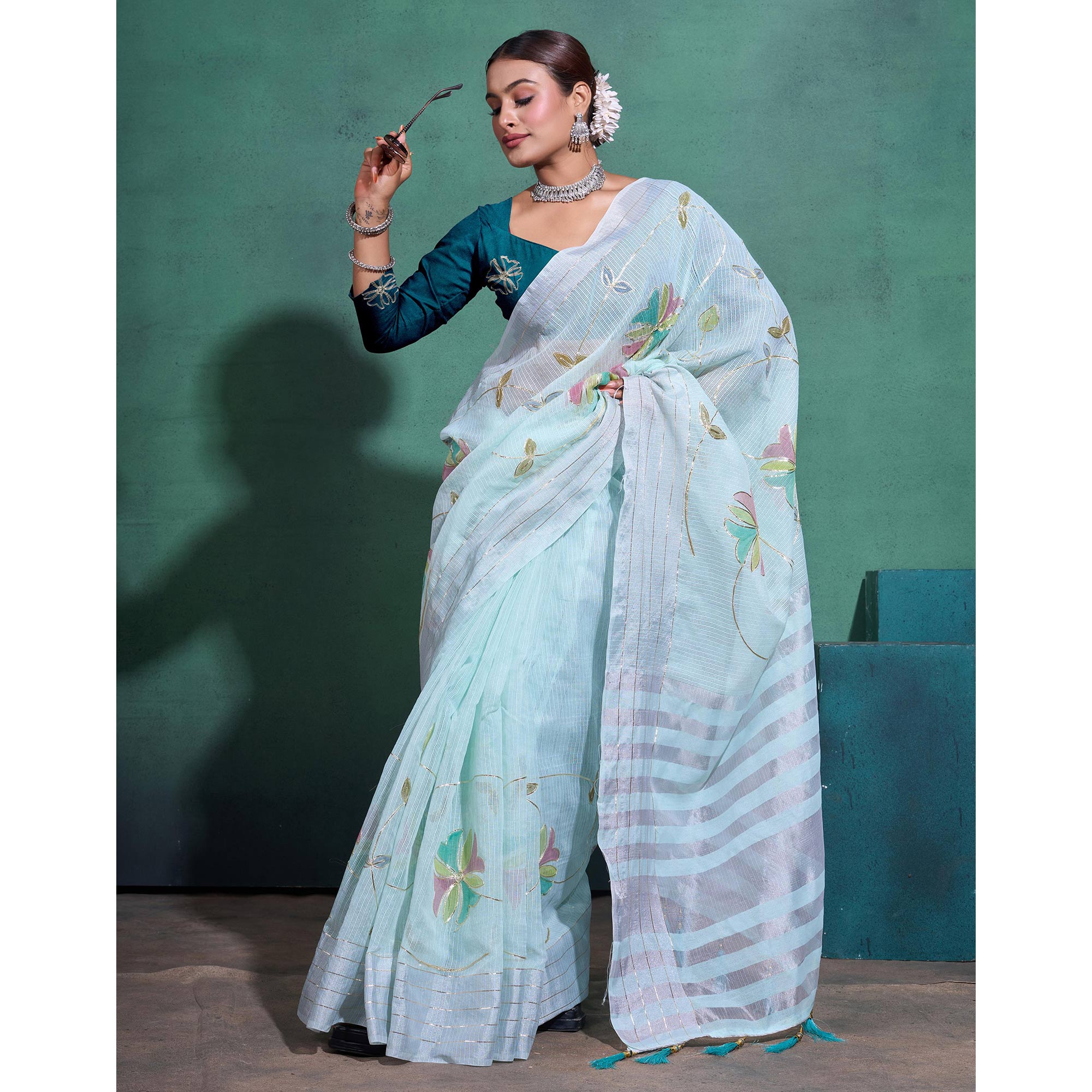 Sea Green Gota patti Embroidered Linen Saree With Tassels
