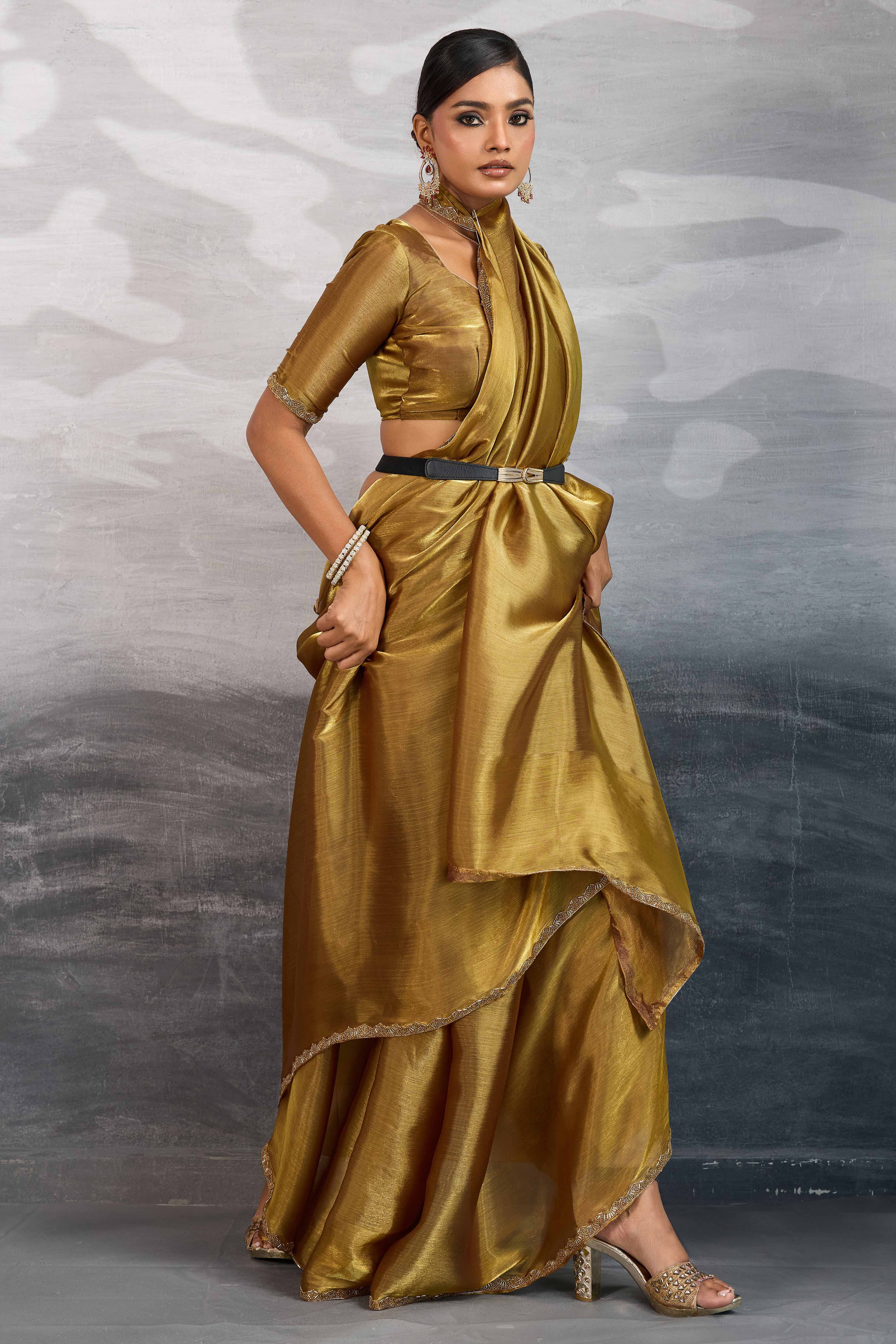 Solid Gold Chiffon Saree Featuring Beads Embellished Border